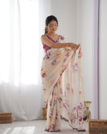 Thumbnail for Jyoti Fashion Women's Off White Chinon Print with Mirror Work Designer Saree with Blouse - Distacart