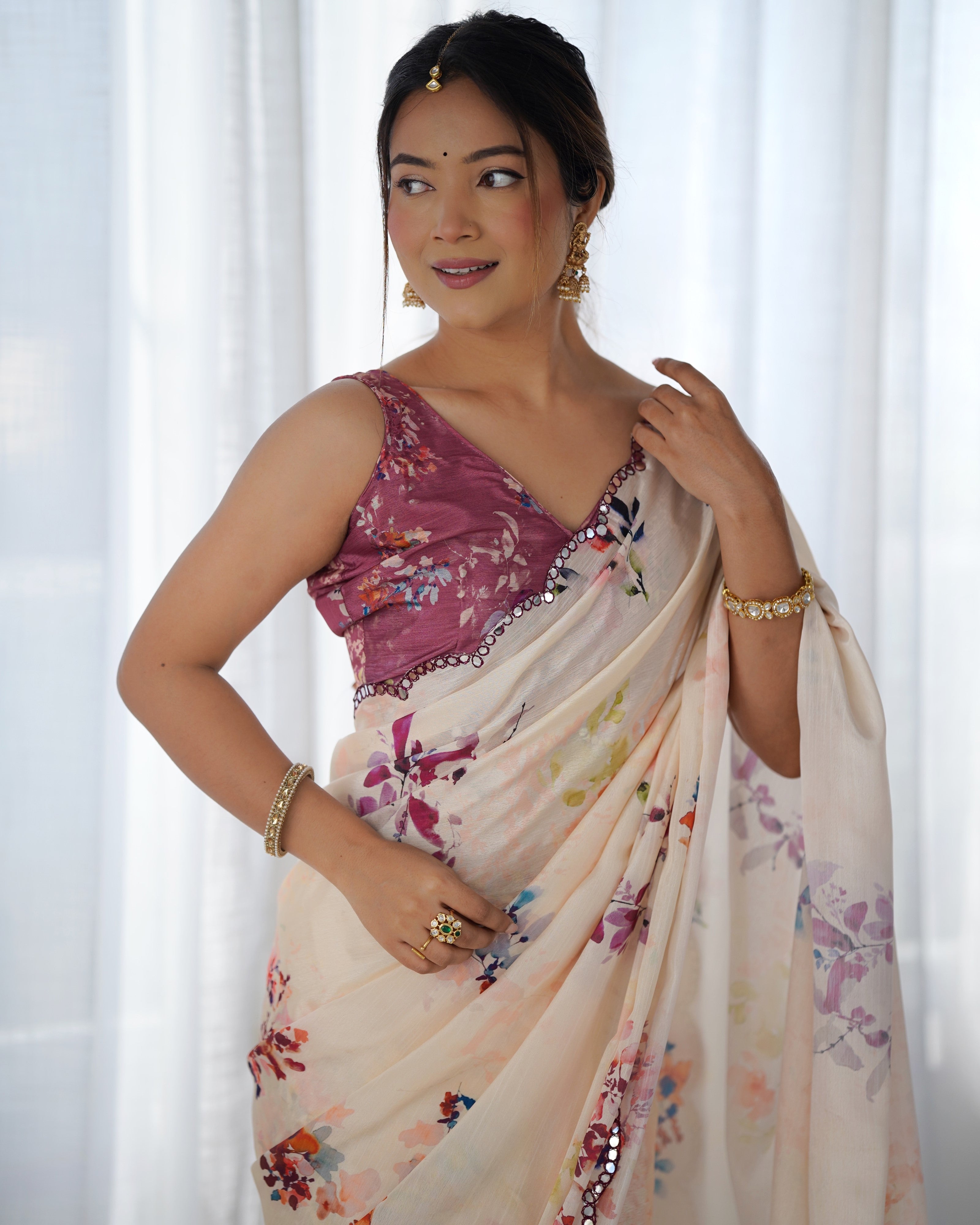 Jyoti Fashion Women's Off White Chinon Print with Mirror Work Designer Saree with Blouse - Distacart