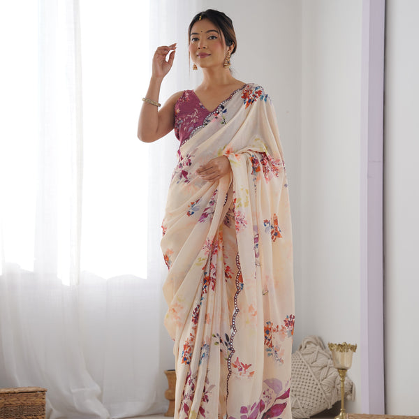 Jyoti Fashion Women's Off White Chinon Print with Mirror Work Designer Saree with Blouse - Distacart