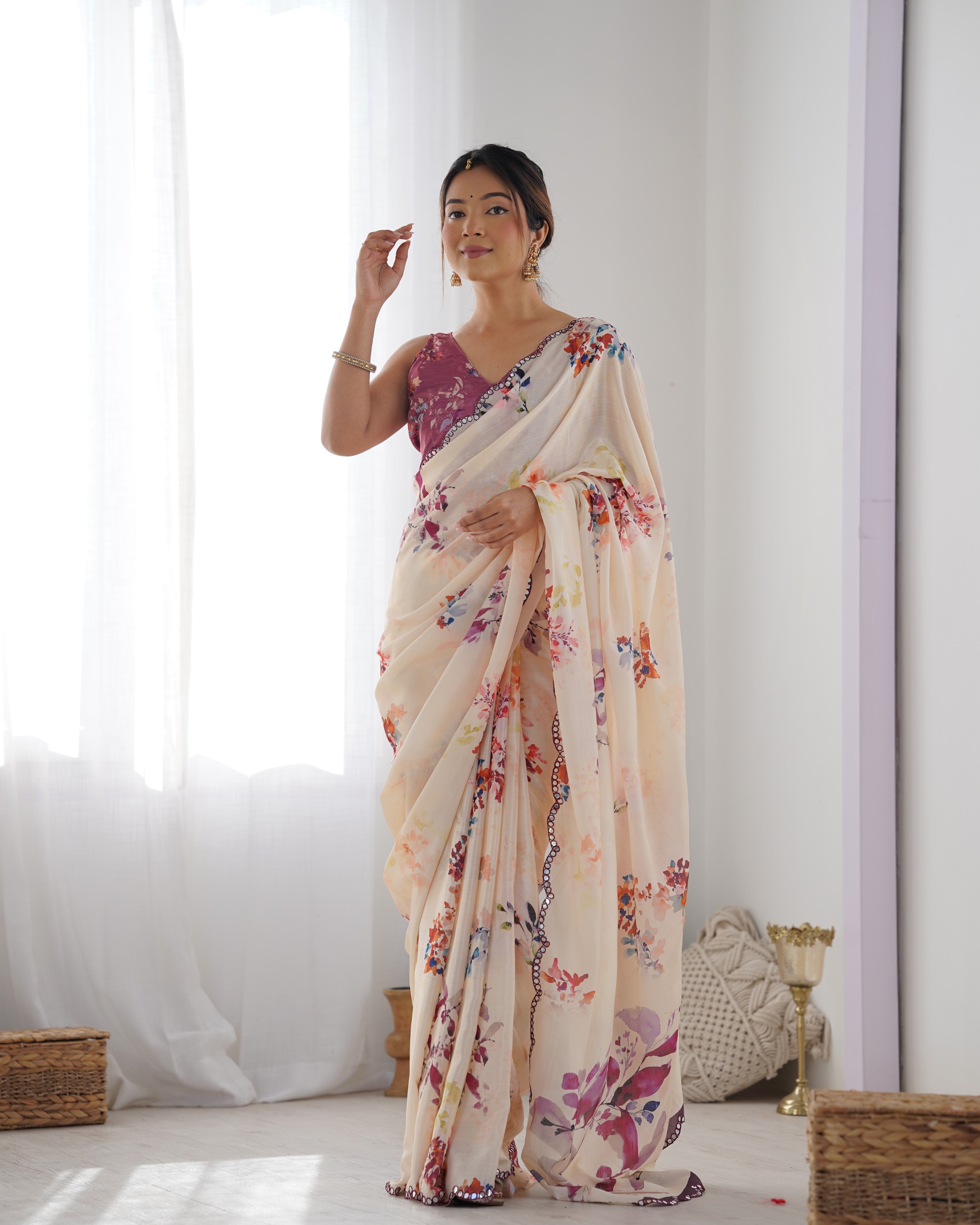 Jyoti Fashion Women's Off White Chinon Print with Mirror Work Designer Saree with Blouse - Distacart