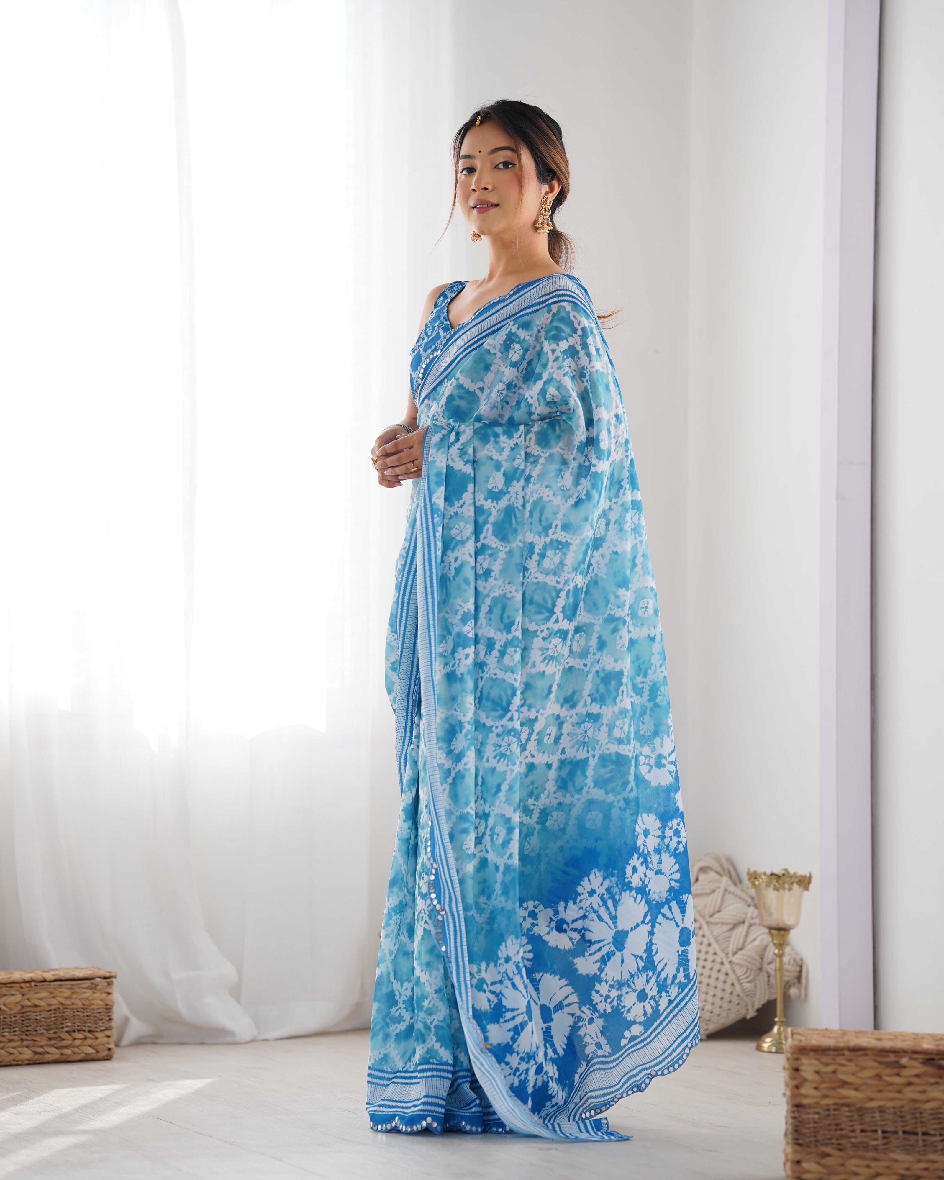 Jyoti Fashion Women's Sky Blue Chinon Print with Mirror Work Designer Saree with Blouse - Distacart