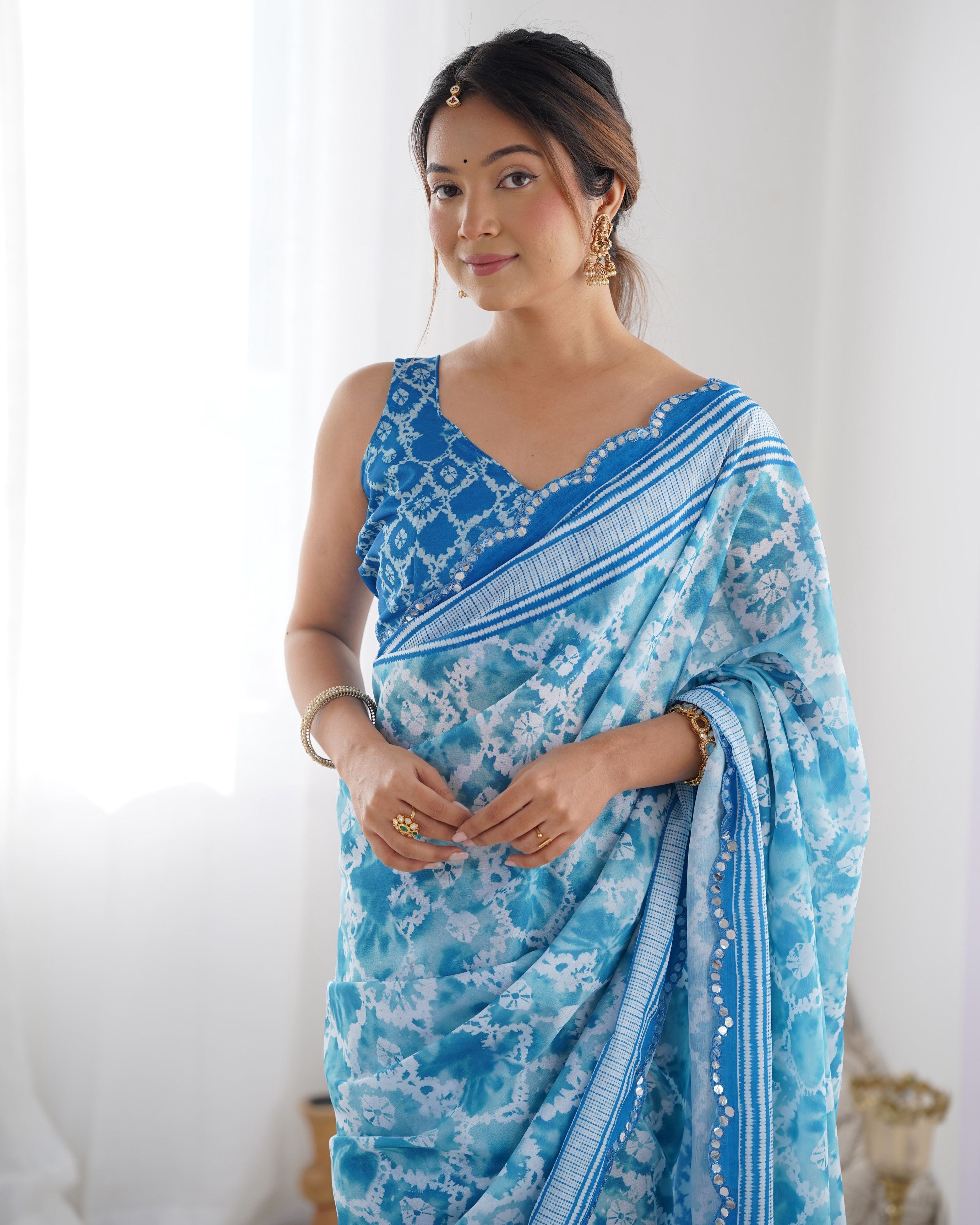 Jyoti Fashion Women's Sky Blue Chinon Print with Mirror Work Designer Saree with Blouse - Distacart