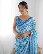 Thumbnail for Jyoti Fashion Women's Sky Blue Chinon Print with Mirror Work Designer Saree with Blouse - Distacart