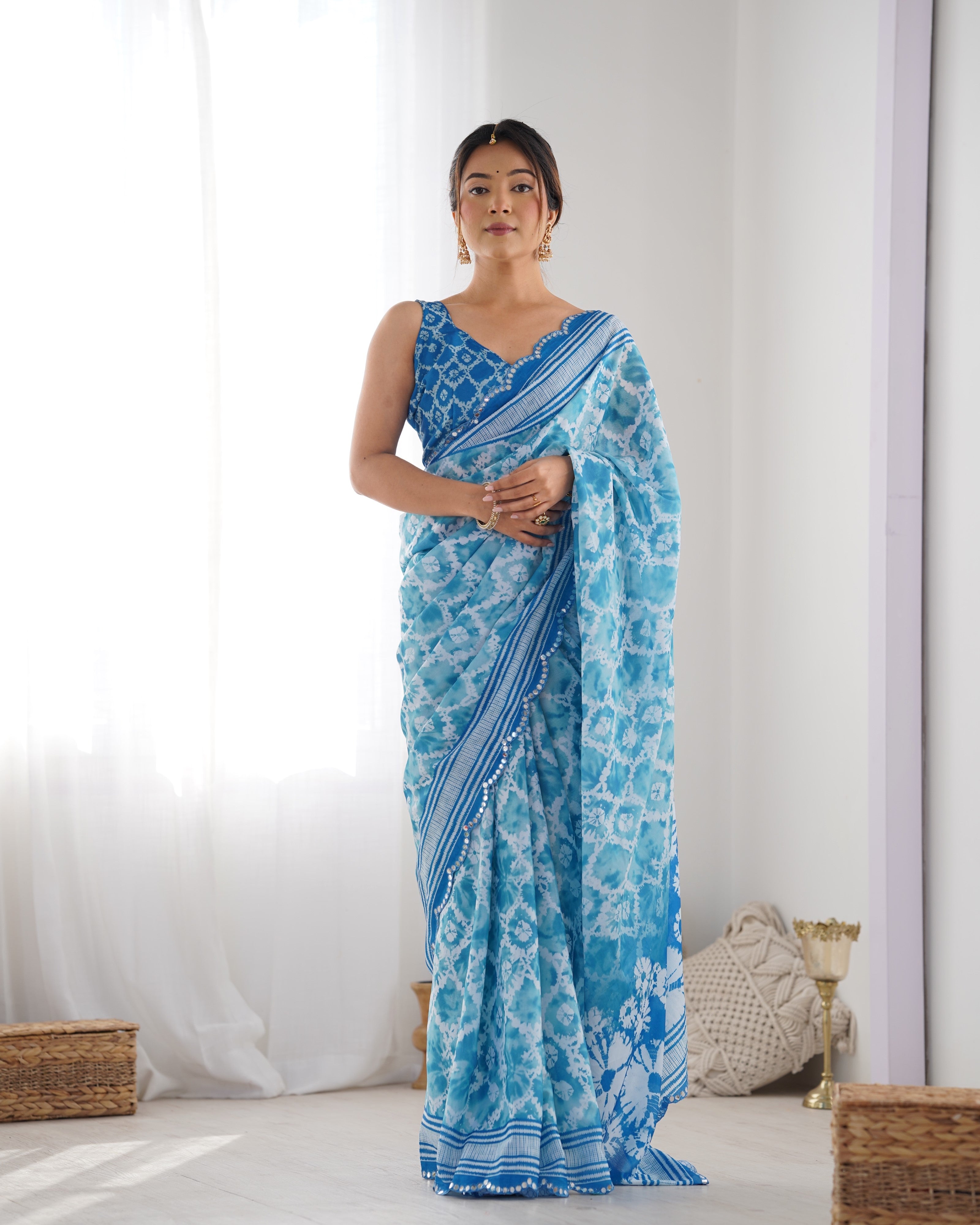 Jyoti Fashion Women's Sky Blue Chinon Print with Mirror Work Designer Saree with Blouse - Distacart