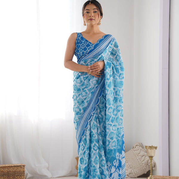 Jyoti Fashion Women's Sky Blue Chinon Print with Mirror Work Designer Saree with Blouse - Distacart