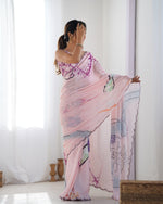 Thumbnail for Jyoti Fashion Women's Peach Chinon Print with Mirror Work Designer Saree with Blouse - Distacart