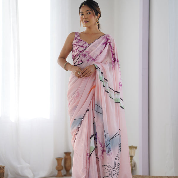 Jyoti Fashion Women's Peach Chinon Print with Mirror Work Designer Saree with Blouse - Distacart