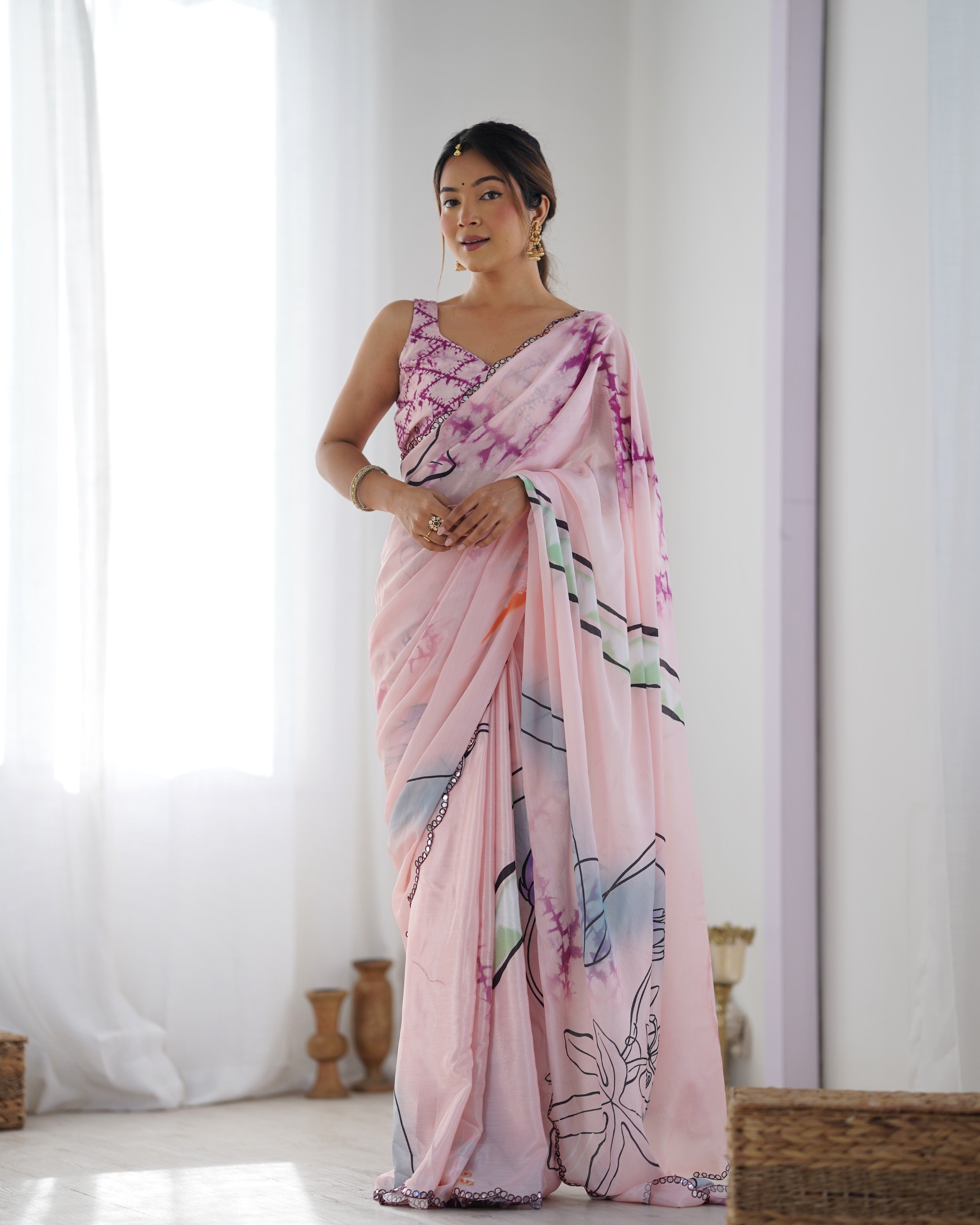 Jyoti Fashion Women's Peach Chinon Print with Mirror Work Designer Saree with Blouse - Distacart