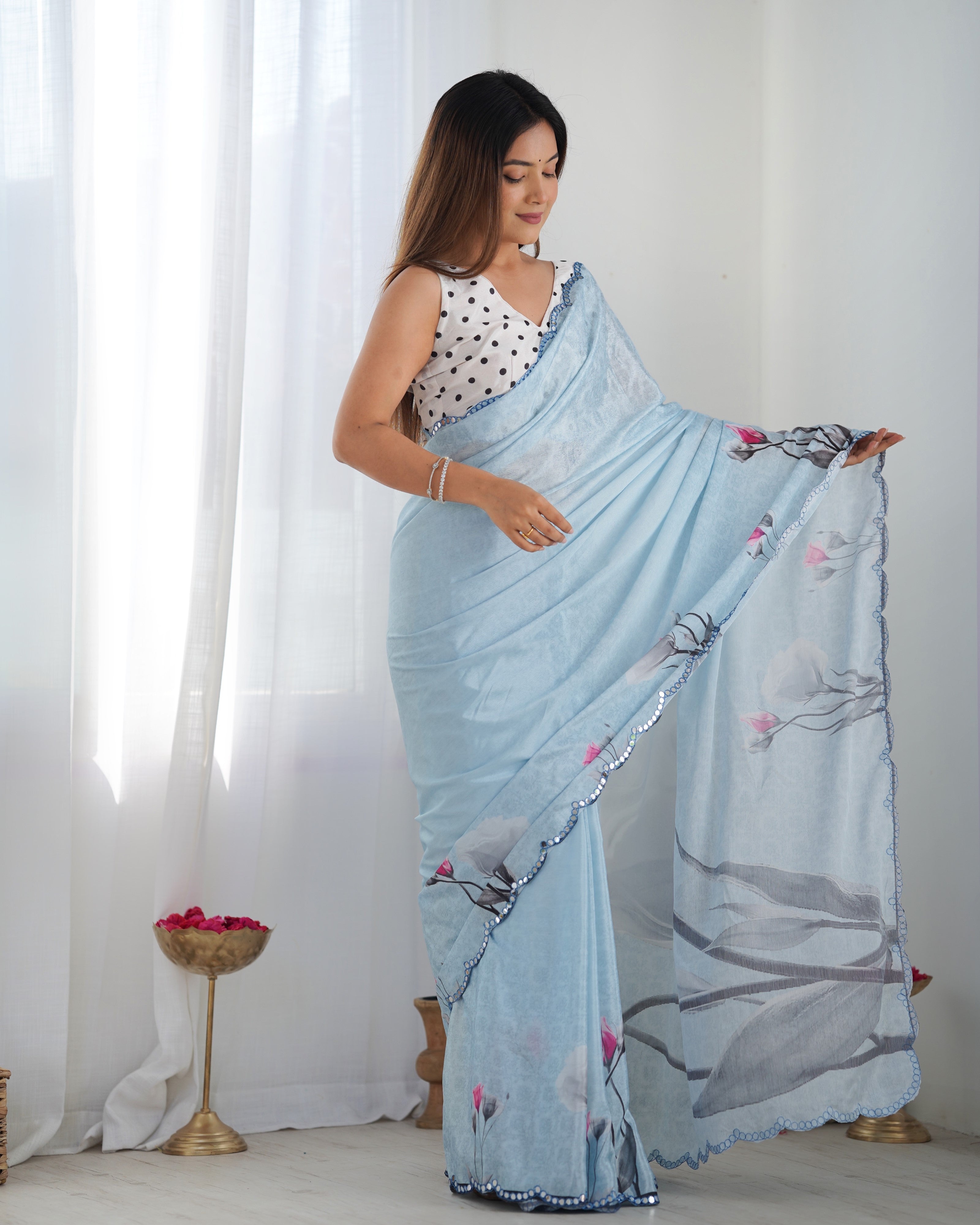Jyoti Fashion Women's Sky Blue Chinon Print with Mirror Work Designer Saree with Blouse - Distacart