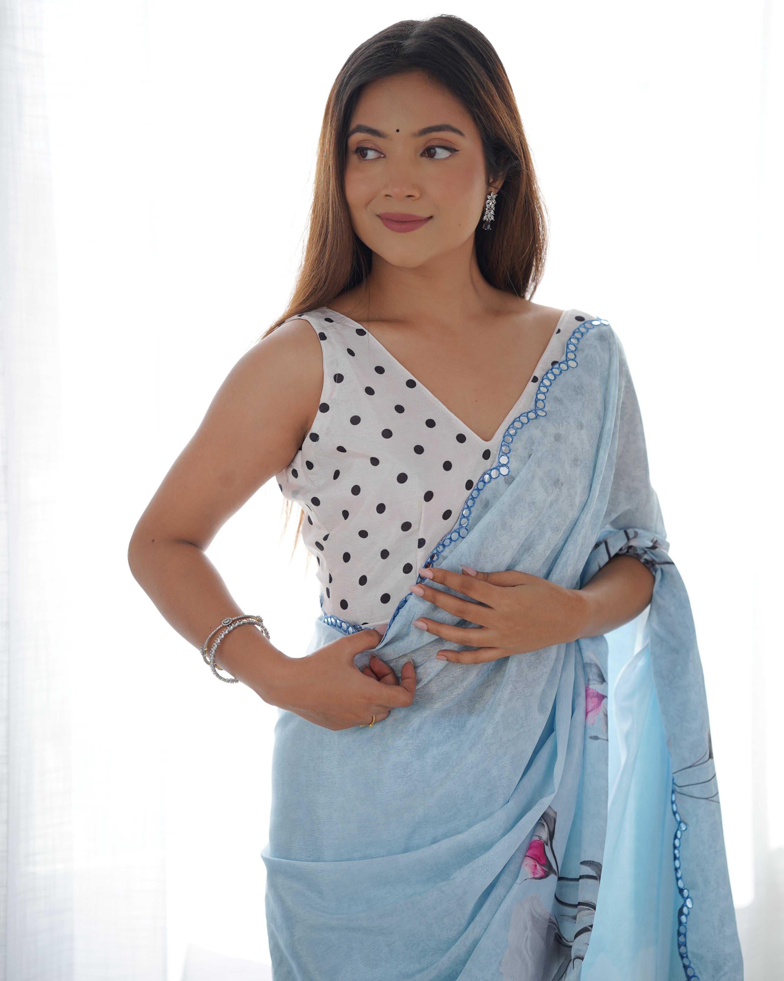Jyoti Fashion Women's Sky Blue Chinon Print with Mirror Work Designer Saree with Blouse - Distacart