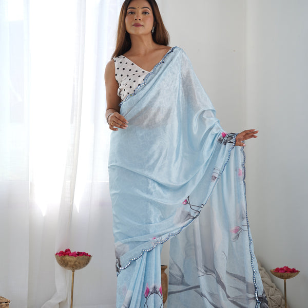Jyoti Fashion Women's Sky Blue Chinon Print with Mirror Work Designer Saree with Blouse - Distacart