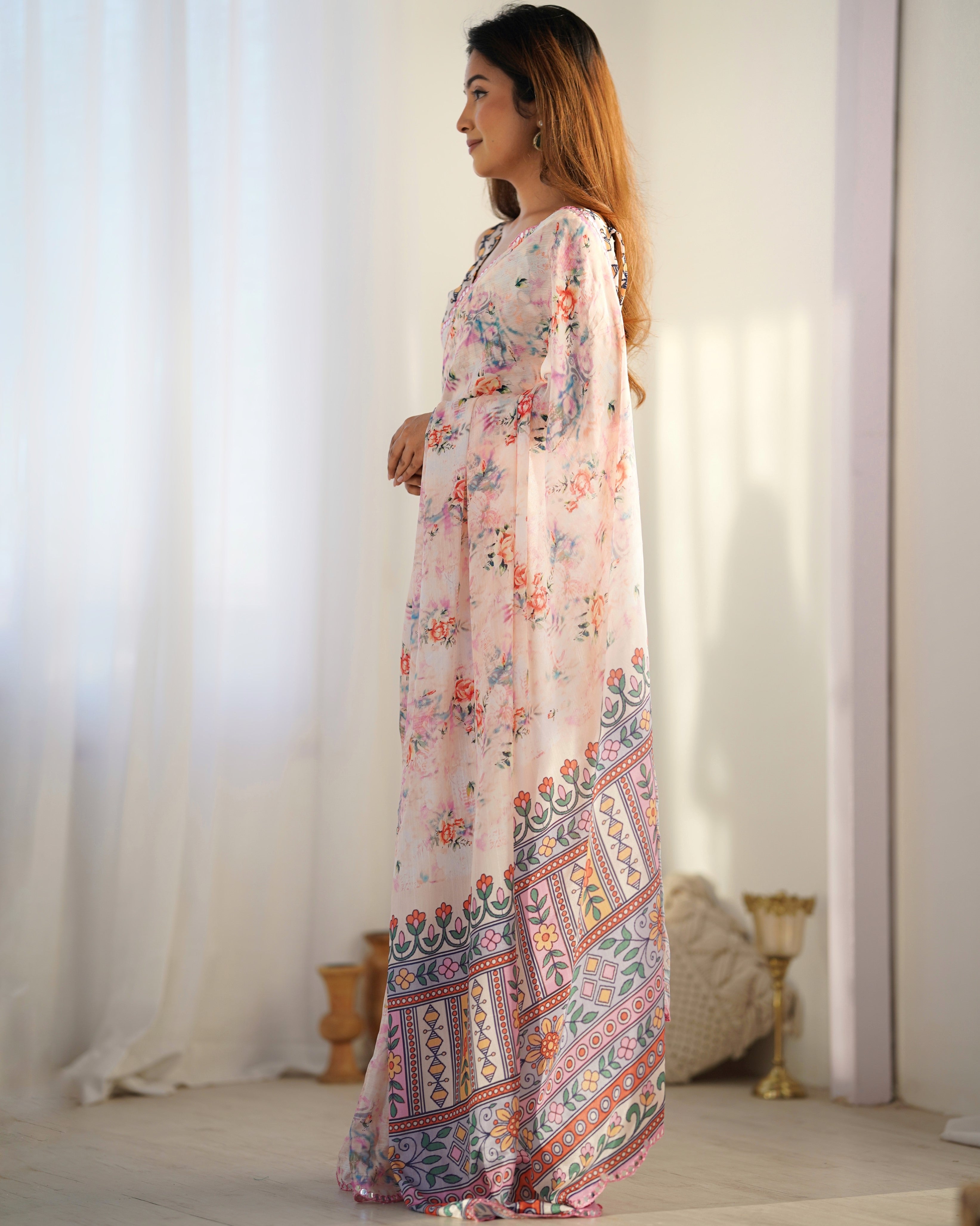 Jyoti Fashion Women's Peach Chinon Print with Mirror Work Designer Saree with Blouse - Distacart