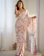Thumbnail for Jyoti Fashion Women's Peach Chinon Print with Mirror Work Designer Saree with Blouse - Distacart
