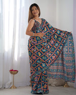 Thumbnail for Jyoti Fashion Women's Teal Chinon Print with Mirror Work Designer Saree with Blouse - Distacart