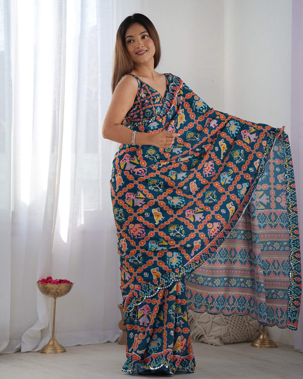 Jyoti Fashion Women's Teal Chinon Print with Mirror Work Designer Saree with Blouse - Distacart