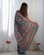 Thumbnail for Jyoti Fashion Women's Teal Chinon Print with Mirror Work Designer Saree with Blouse - Distacart