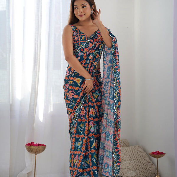 Jyoti Fashion Women's Teal Chinon Print with Mirror Work Designer Saree with Blouse - Distacart