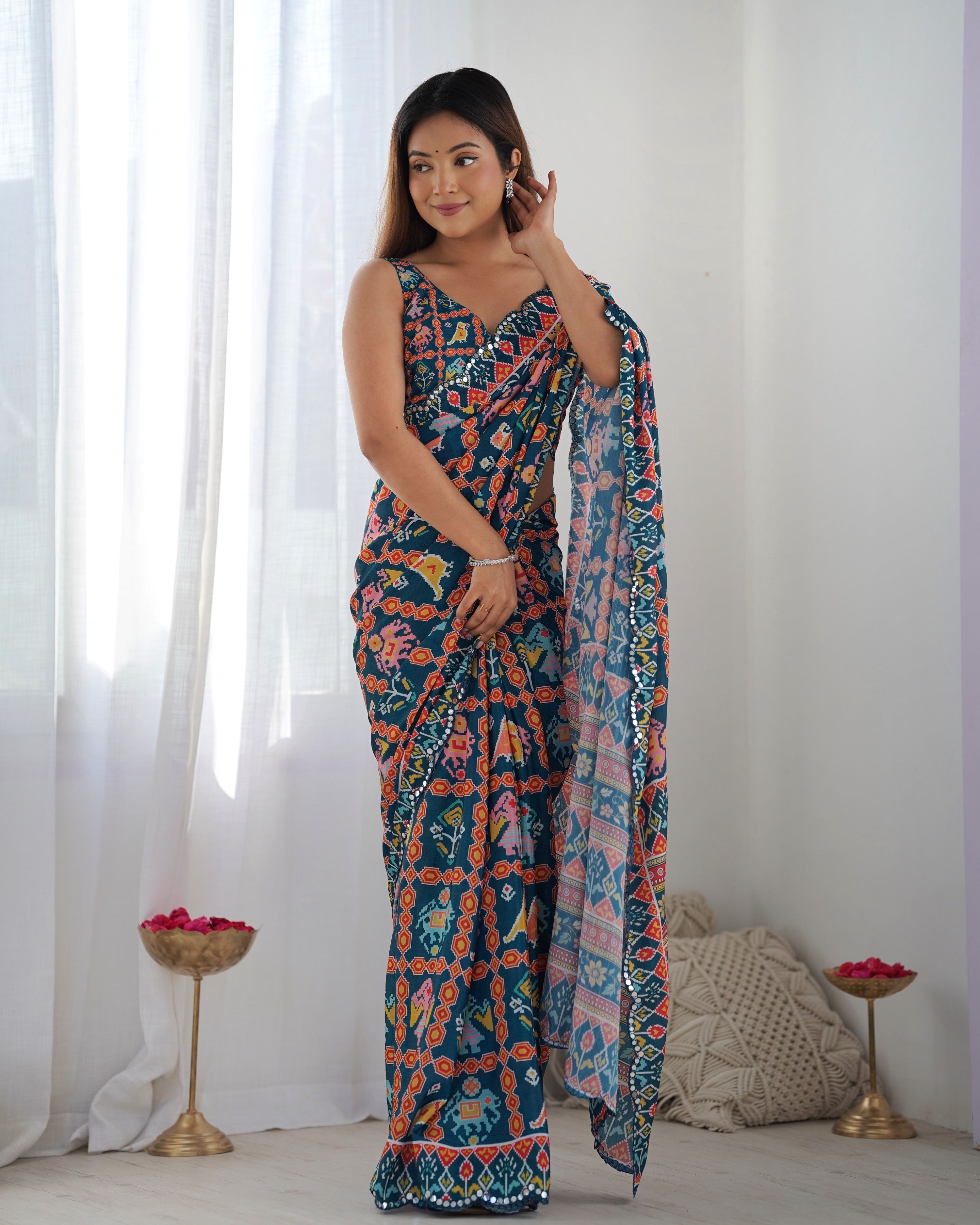 Jyoti Fashion Women's Teal Chinon Print with Mirror Work Designer Saree with Blouse - Distacart
