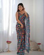 Thumbnail for Jyoti Fashion Women's Teal Chinon Print with Mirror Work Designer Saree with Blouse - Distacart