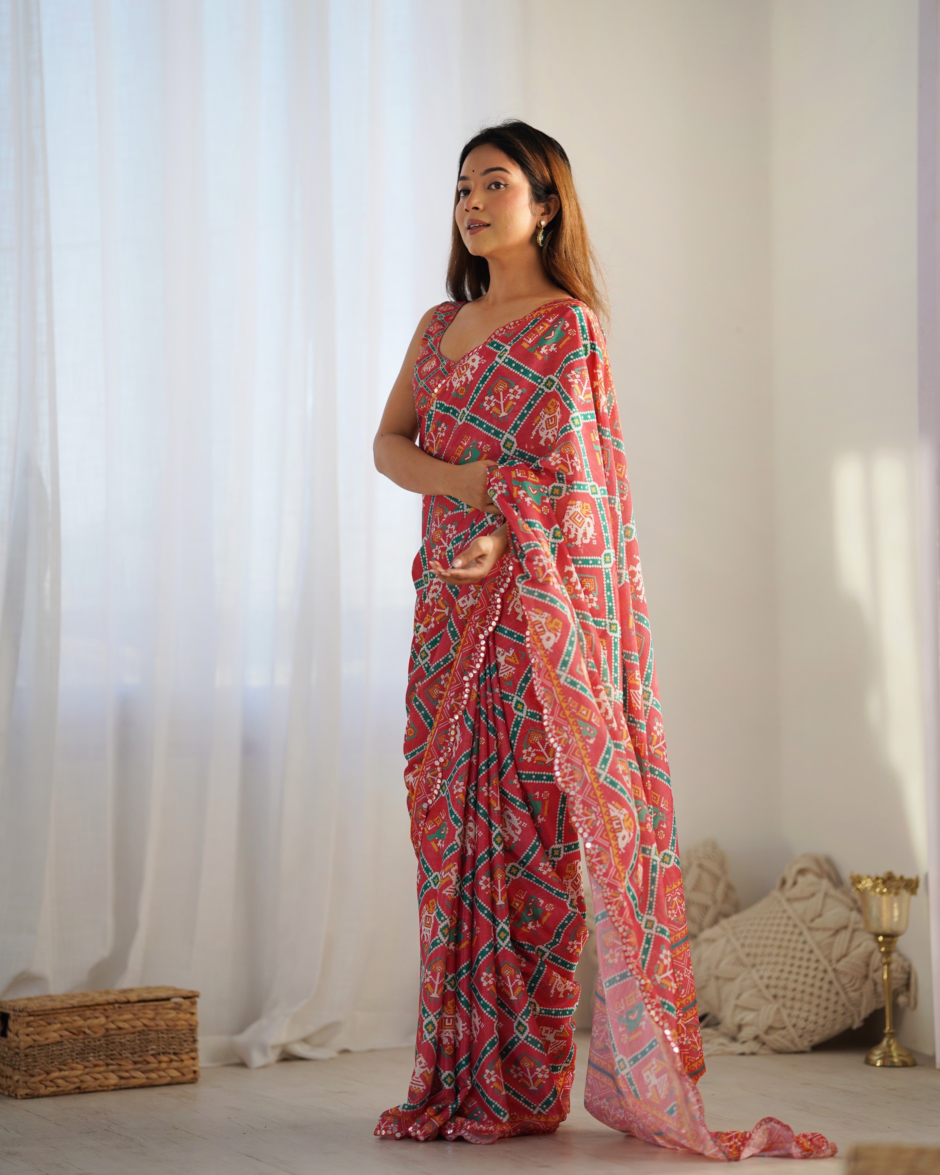 Jyoti Fashion Women's Maroon Chinon Print with Mirror Work Designer Saree with Blouse - Distacart