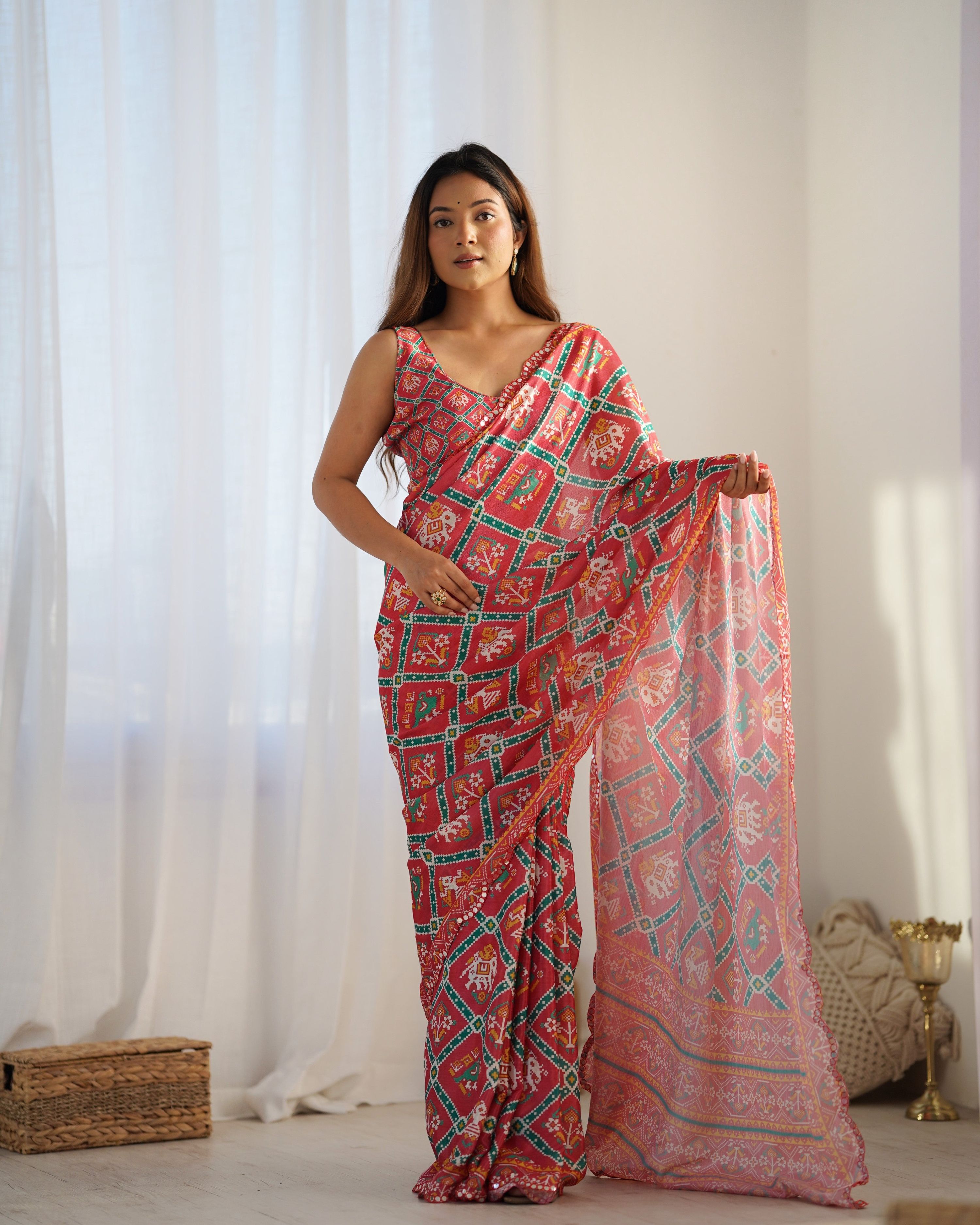 Jyoti Fashion Women's Maroon Chinon Print with Mirror Work Designer Saree with Blouse - Distacart