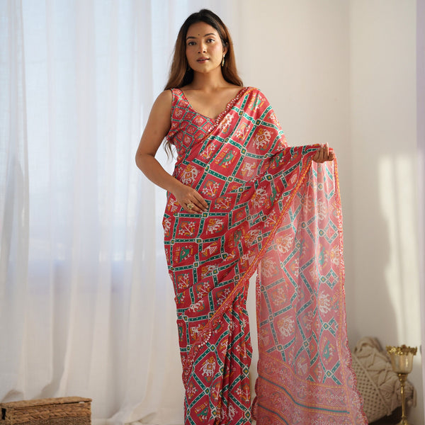 Jyoti Fashion Women's Maroon Chinon Print with Mirror Work Designer Saree with Blouse - Distacart