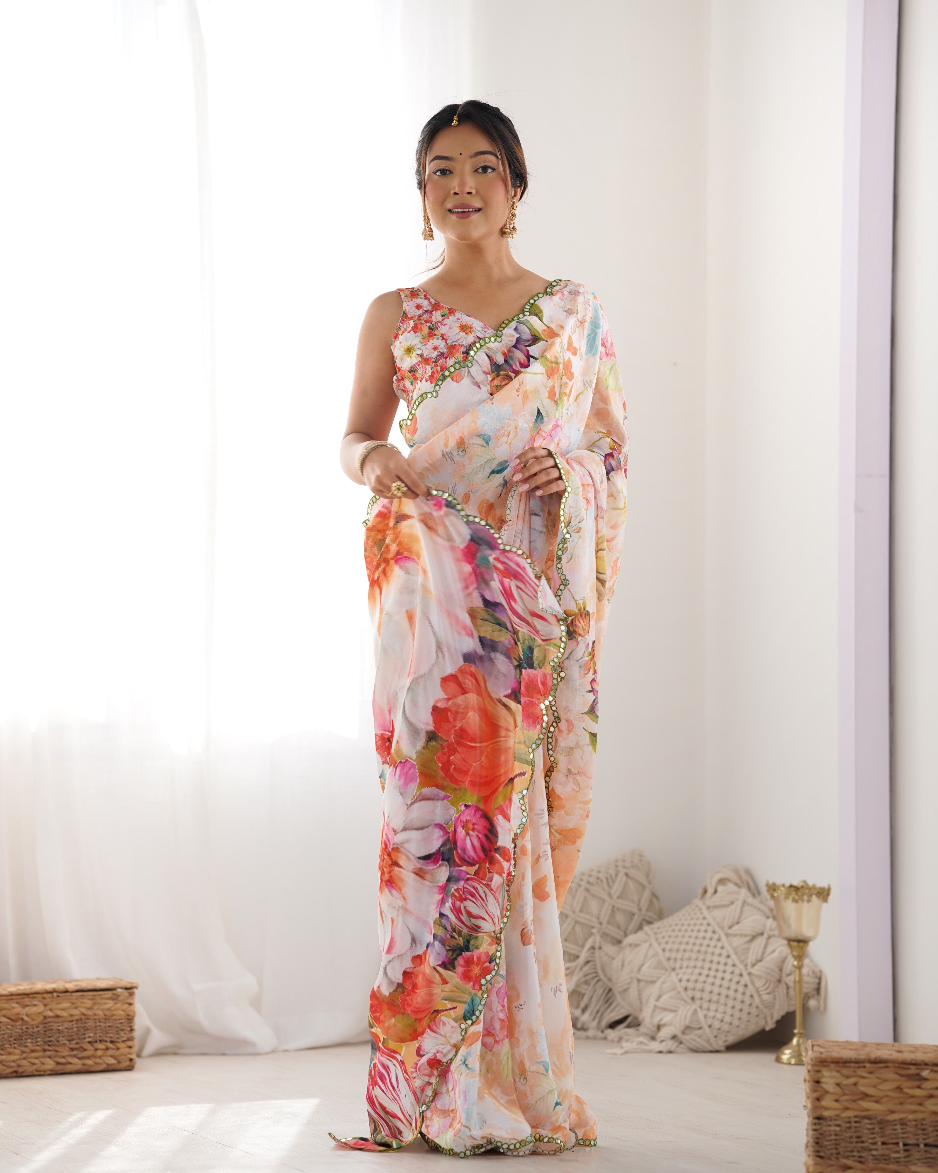 Jyoti Fashion Women's Multicolor Chinon Print with Mirror Work Designer Saree with Blouse - Distacart