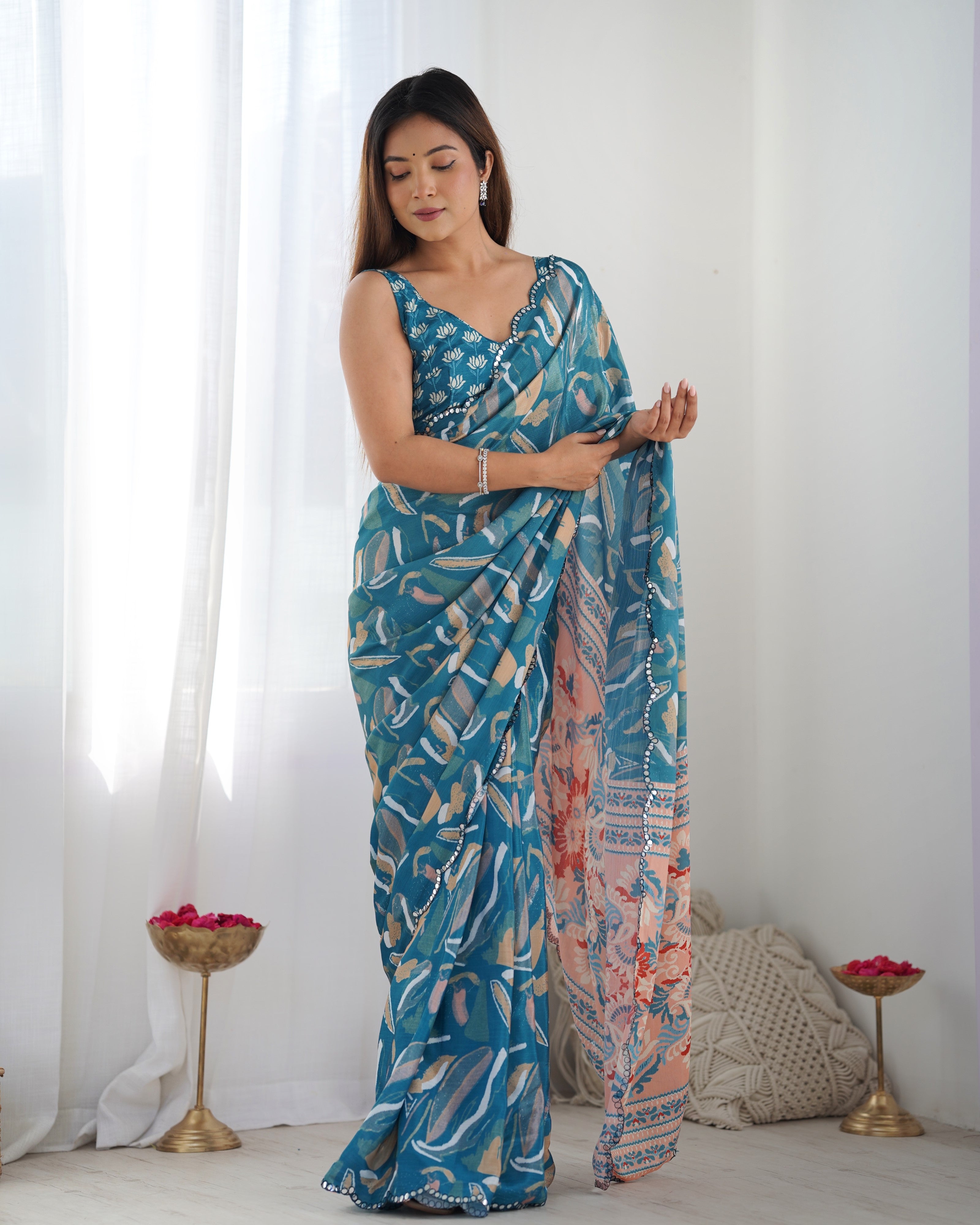 Jyoti Fashion Women's Blue Chinon Print with Mirror Work Designer Saree with Blouse - Distacart