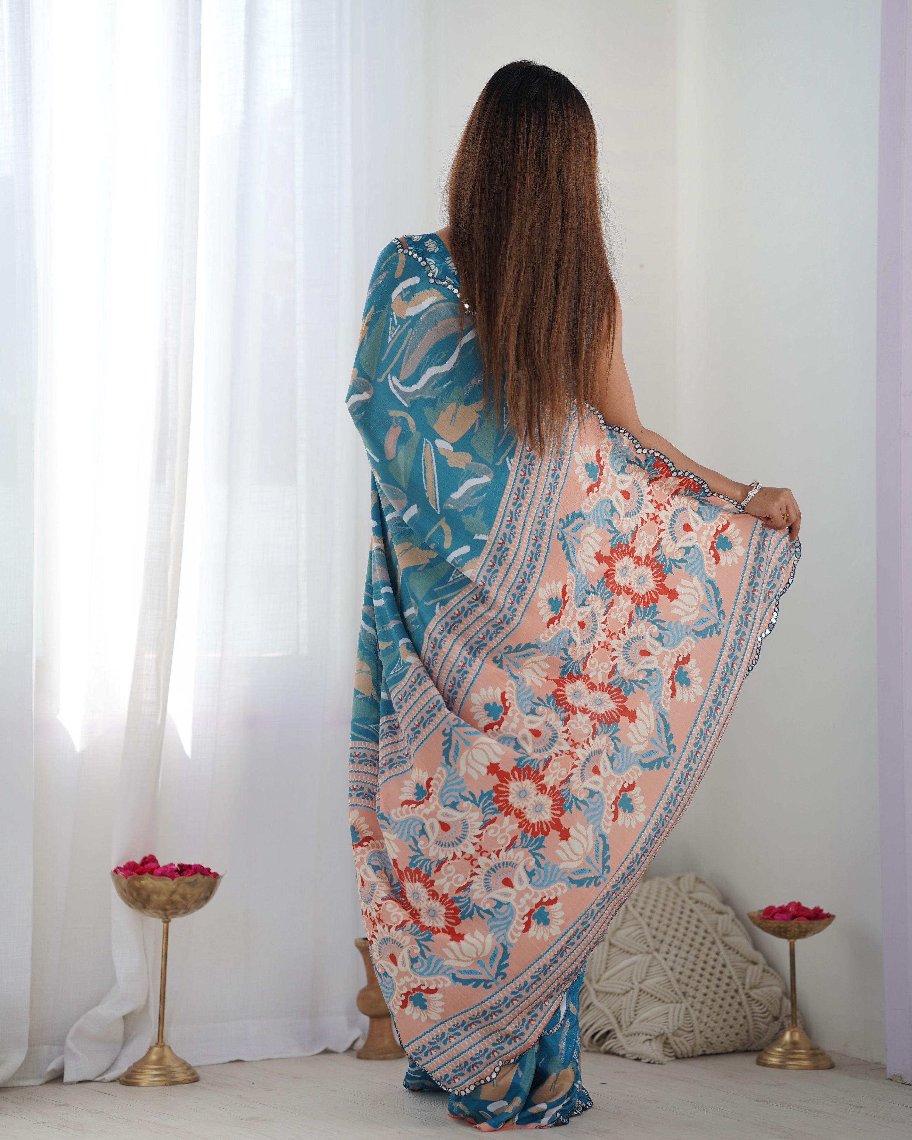 Jyoti Fashion Women's Blue Chinon Print with Mirror Work Designer Saree with Blouse - Distacart