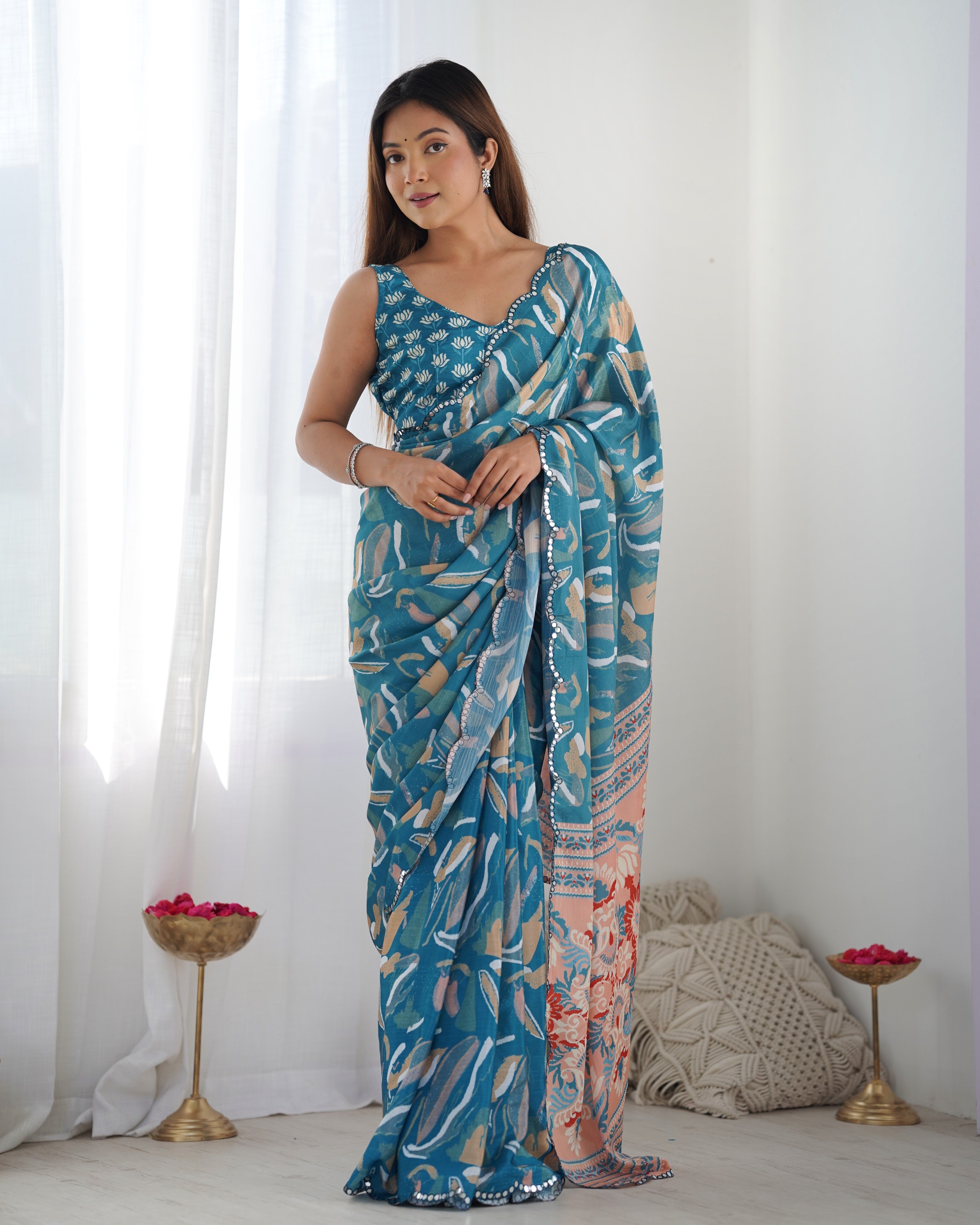 Jyoti Fashion Women's Blue Chinon Print with Mirror Work Designer Saree with Blouse - Distacart