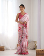 Thumbnail for Jyoti Fashion Women's Pink Chinon Print with Mirror Work Designer Saree with Blouse - Distacart