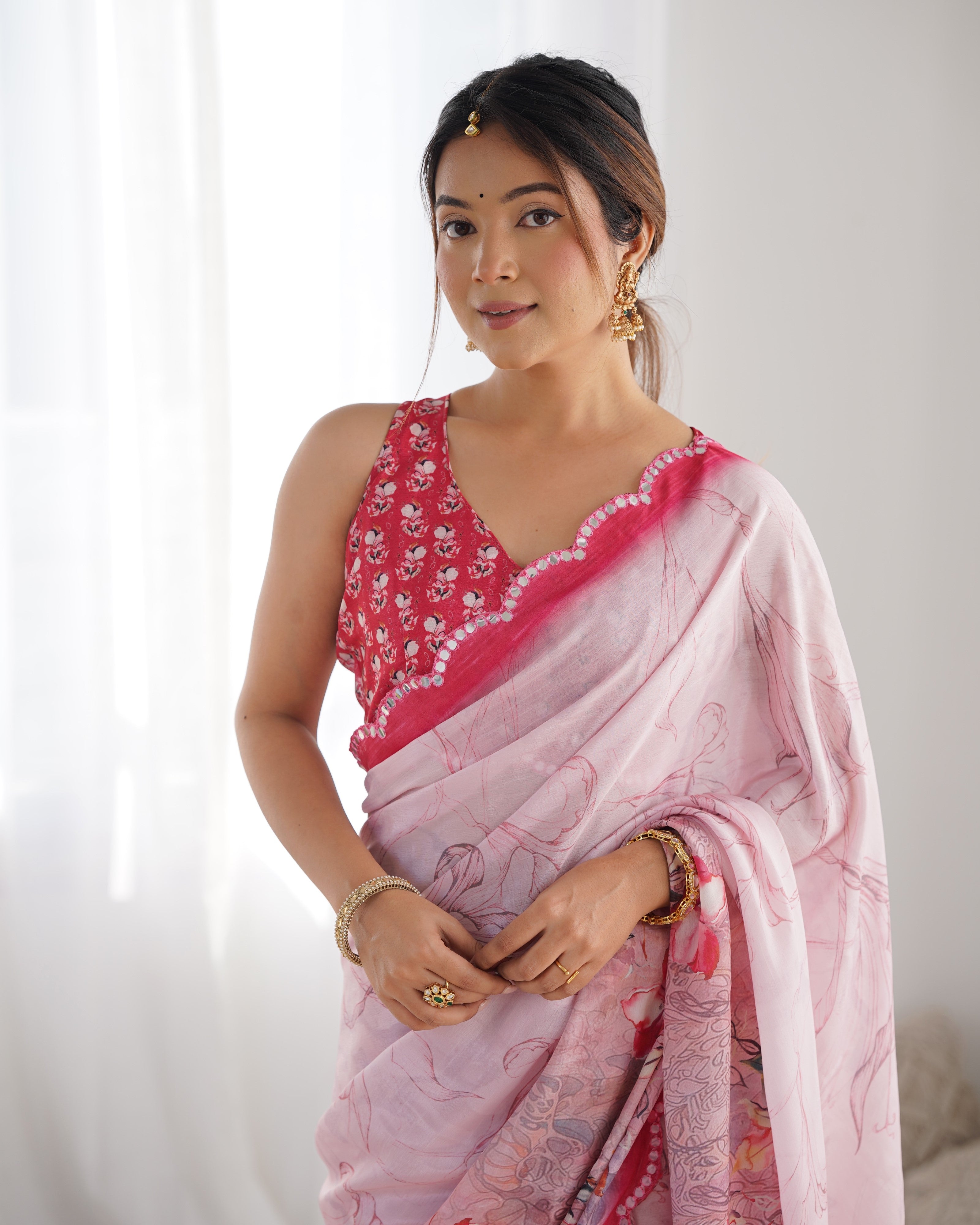 Jyoti Fashion Women's Pink Chinon Print with Mirror Work Designer Saree with Blouse - Distacart