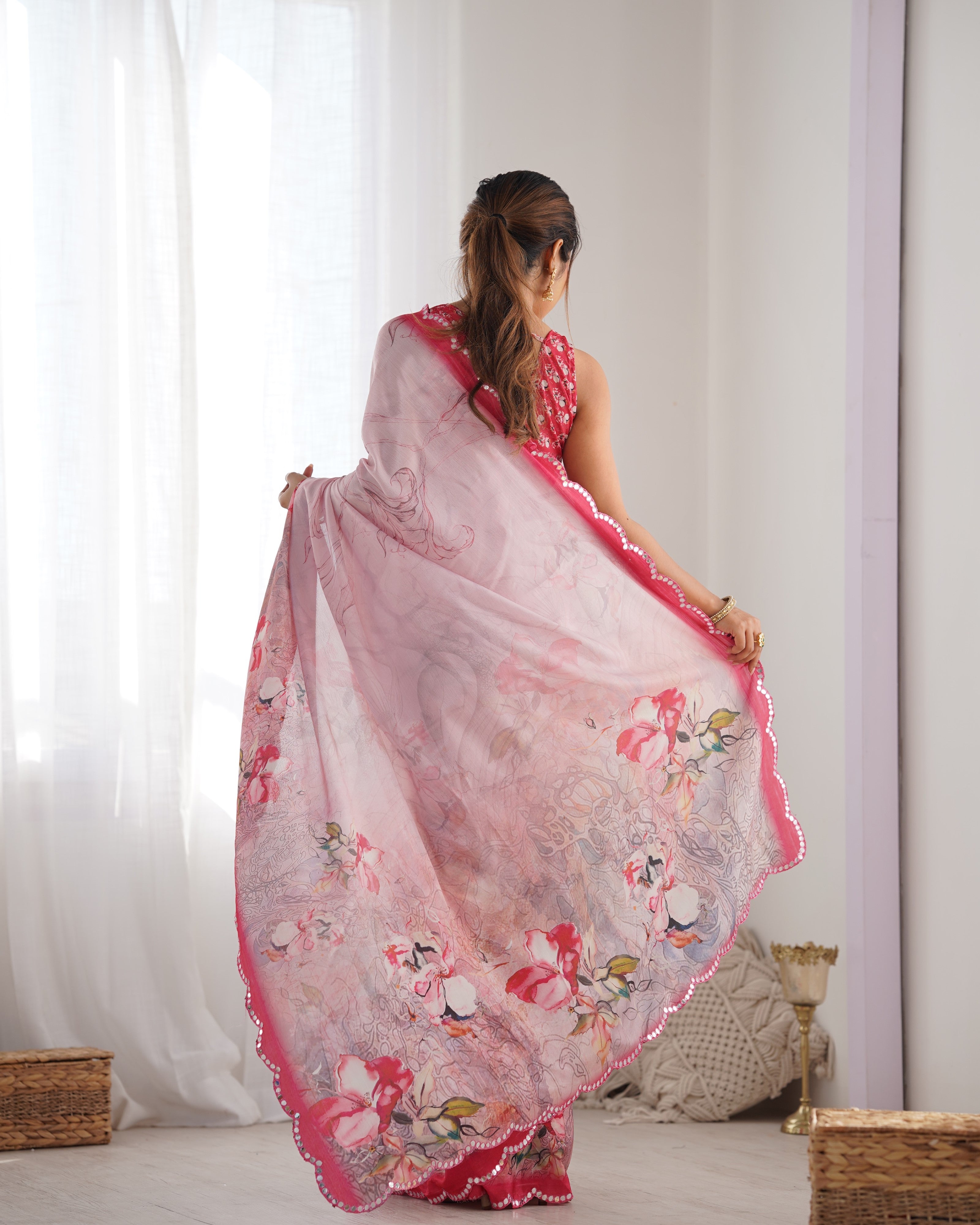 Jyoti Fashion Women's Pink Chinon Print with Mirror Work Designer Saree with Blouse - Distacart
