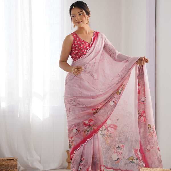 Jyoti Fashion Women's Pink Chinon Print with Mirror Work Designer Saree with Blouse - Distacart