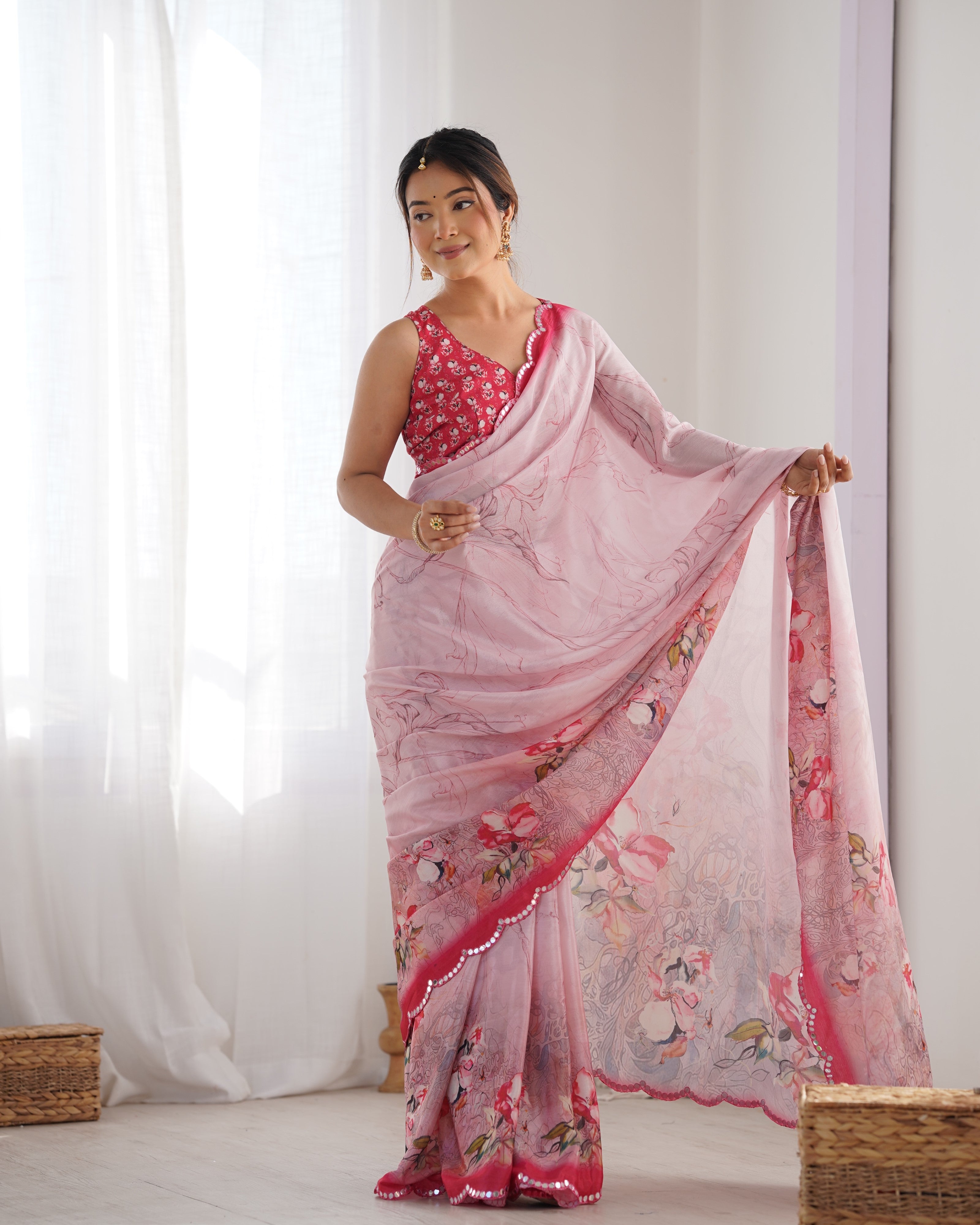 Jyoti Fashion Women's Pink Chinon Print with Mirror Work Designer Saree with Blouse - Distacart