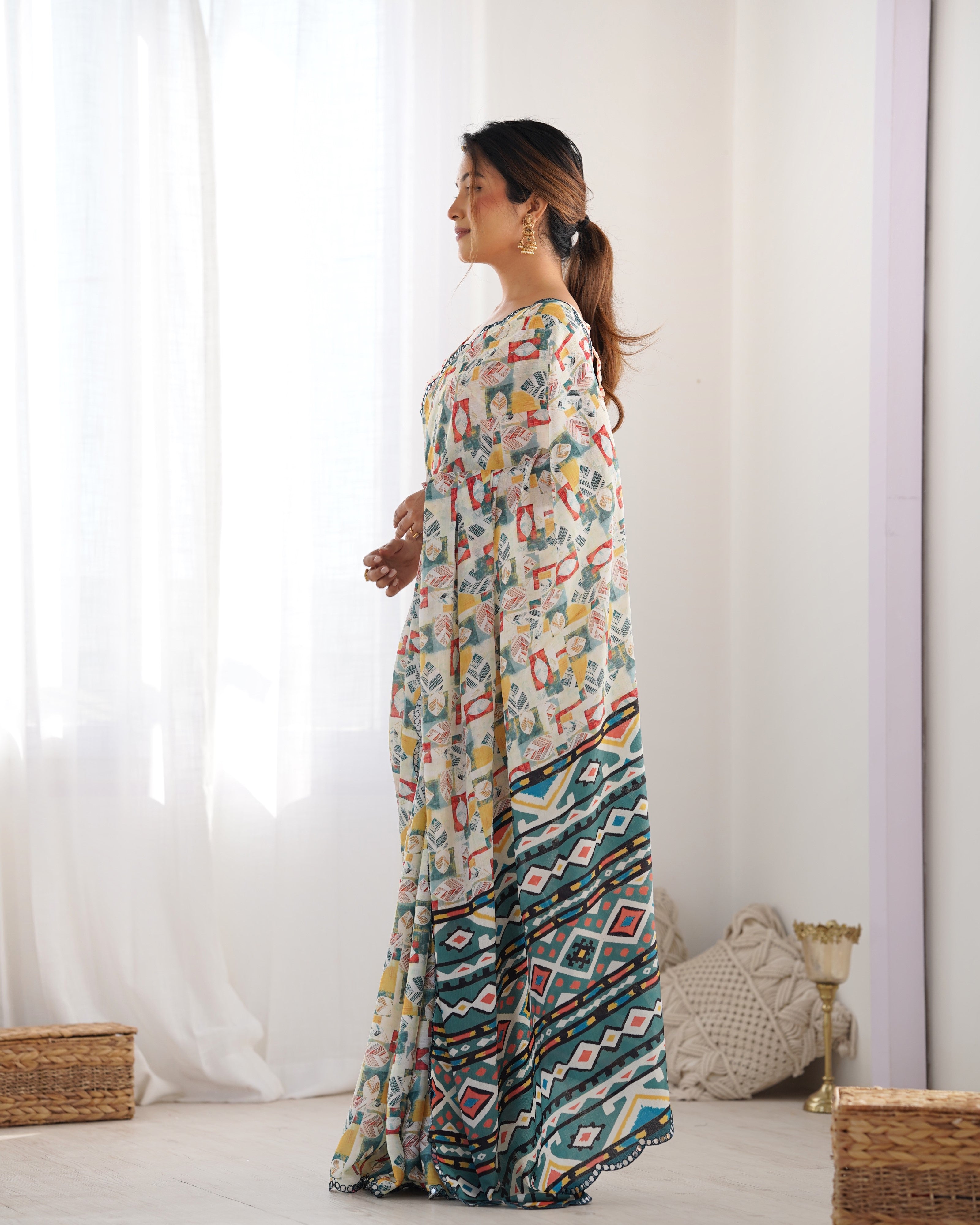 Jyoti Fashion Women's Multicolor Chinon Print with Mirror Work Designer Saree with Blouse - Distacart