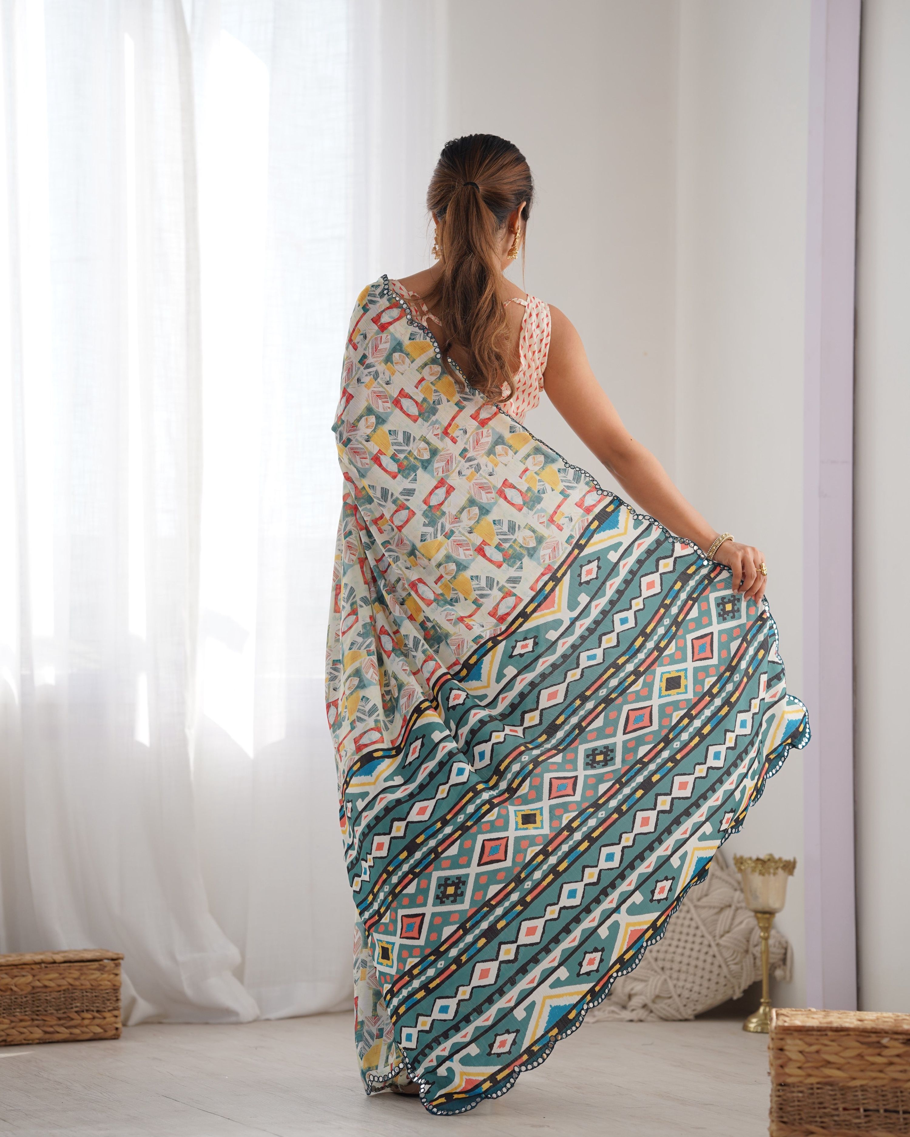 Jyoti Fashion Women's Multicolor Chinon Print with Mirror Work Designer Saree with Blouse - Distacart
