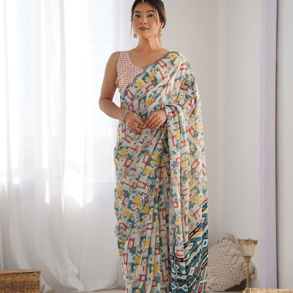 Jyoti Fashion Women's Multicolor Chinon Print with Mirror Work Designer Saree with Blouse - Distacart