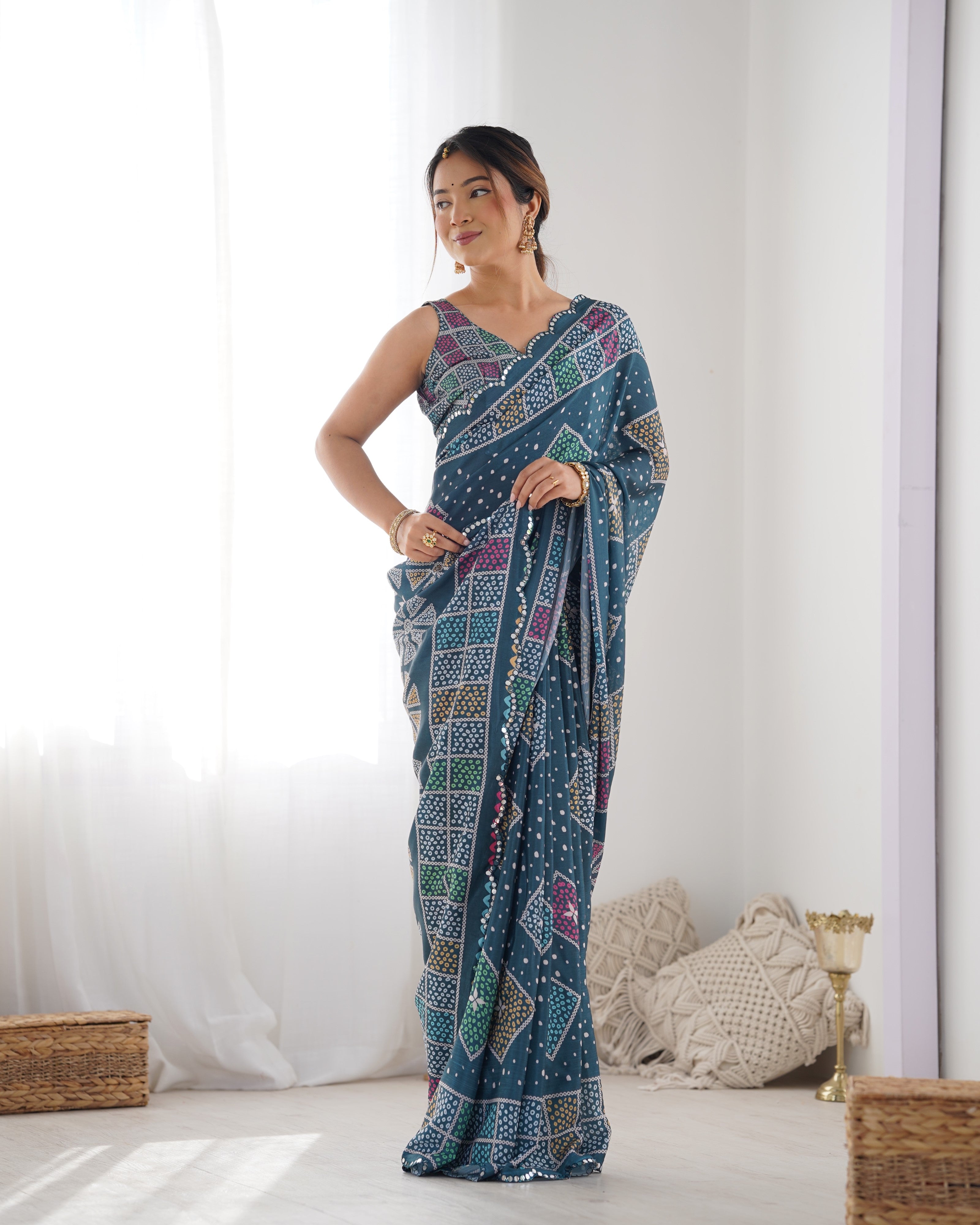 Jyoti Fashion Women's Multicolor Chinon Print with Mirror Work Designer Saree with Blouse - Distacart