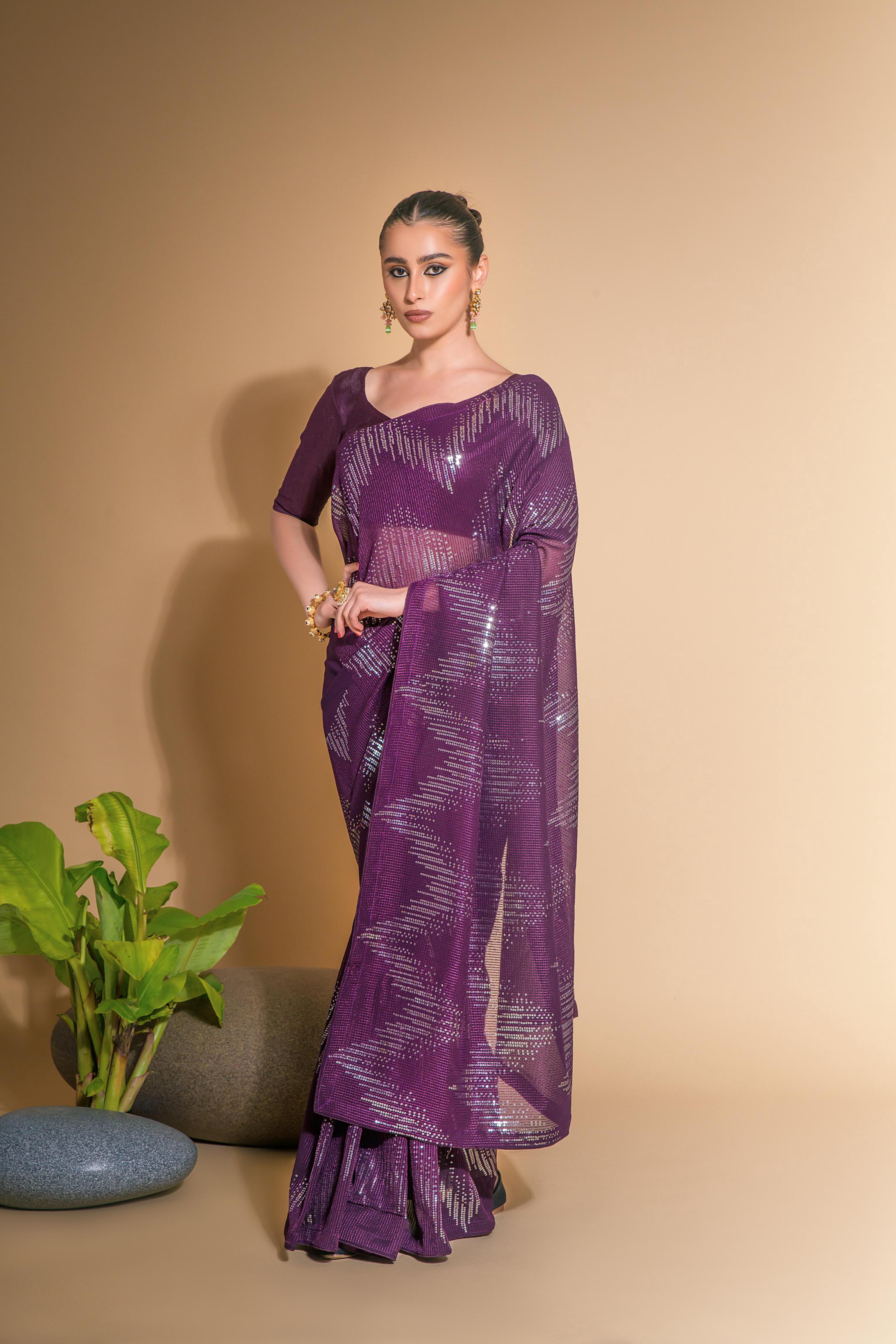 Jyoti Fashion Women's Wine Georgette Sequins Embroidered Designer Saree with Blouse - Distacart