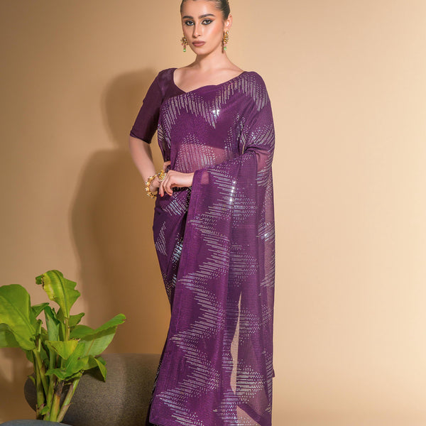 Jyoti Fashion Women's Wine Georgette Sequins Embroidered Designer Saree with Blouse - Distacart