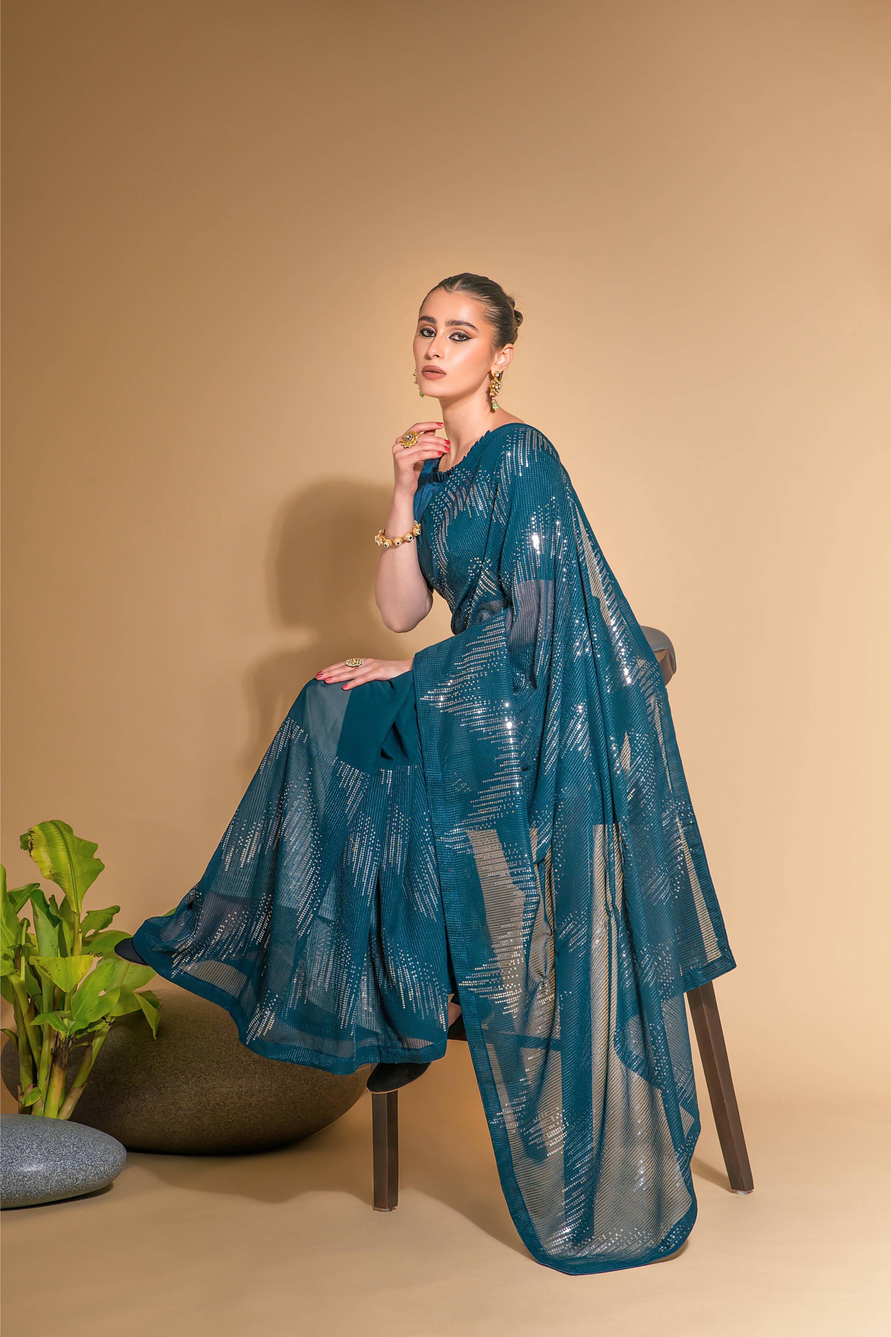 Jyoti Fashion Women's More Peach Georgette Sequins Embroidered Designer Saree with Blouse - Distacart