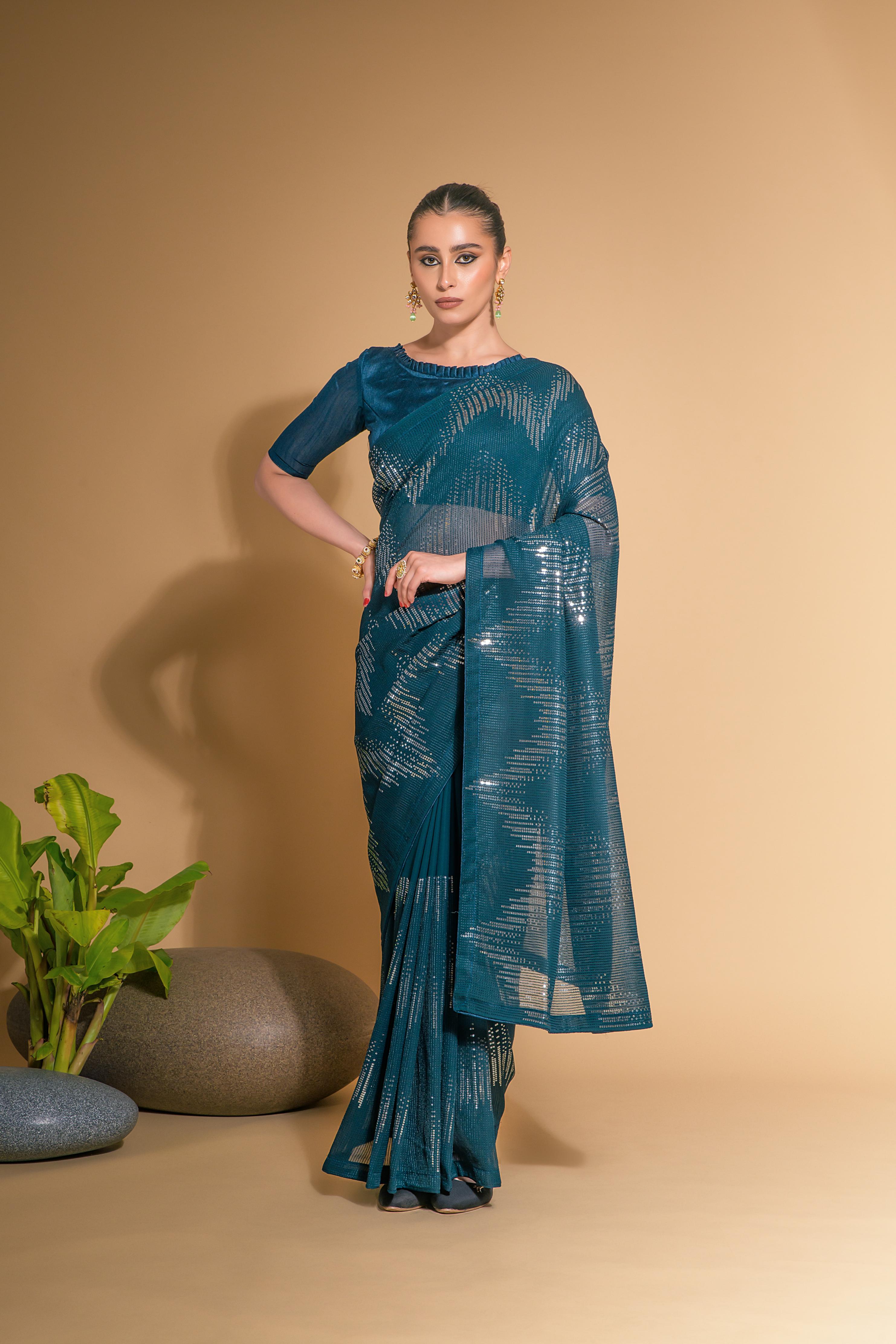 Jyoti Fashion Women's More Peach Georgette Sequins Embroidered Designer Saree with Blouse - Distacart
