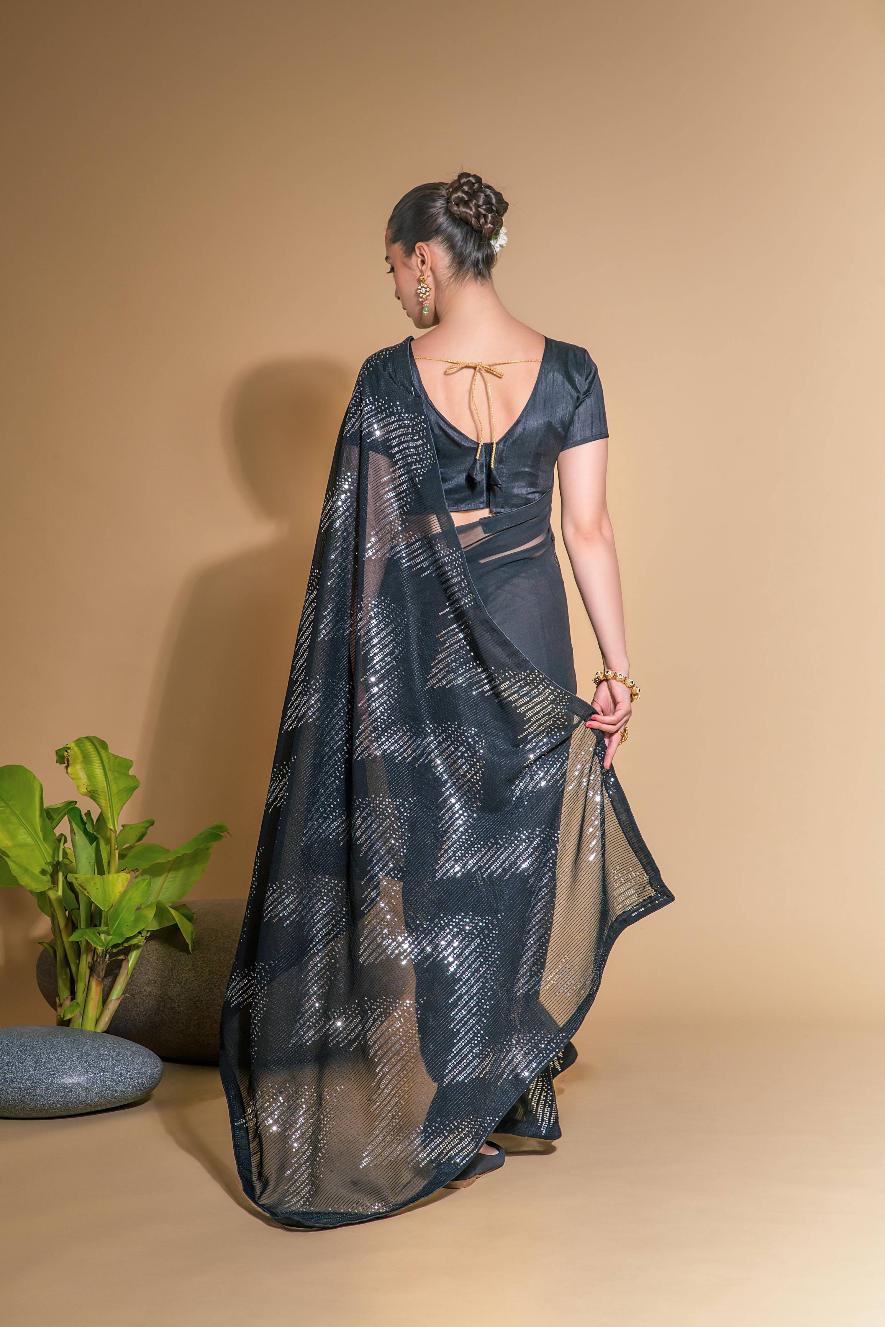 Jyoti Fashion Women's Black Georgette Sequins Embroidered Designer Saree with Blouse - Distacart