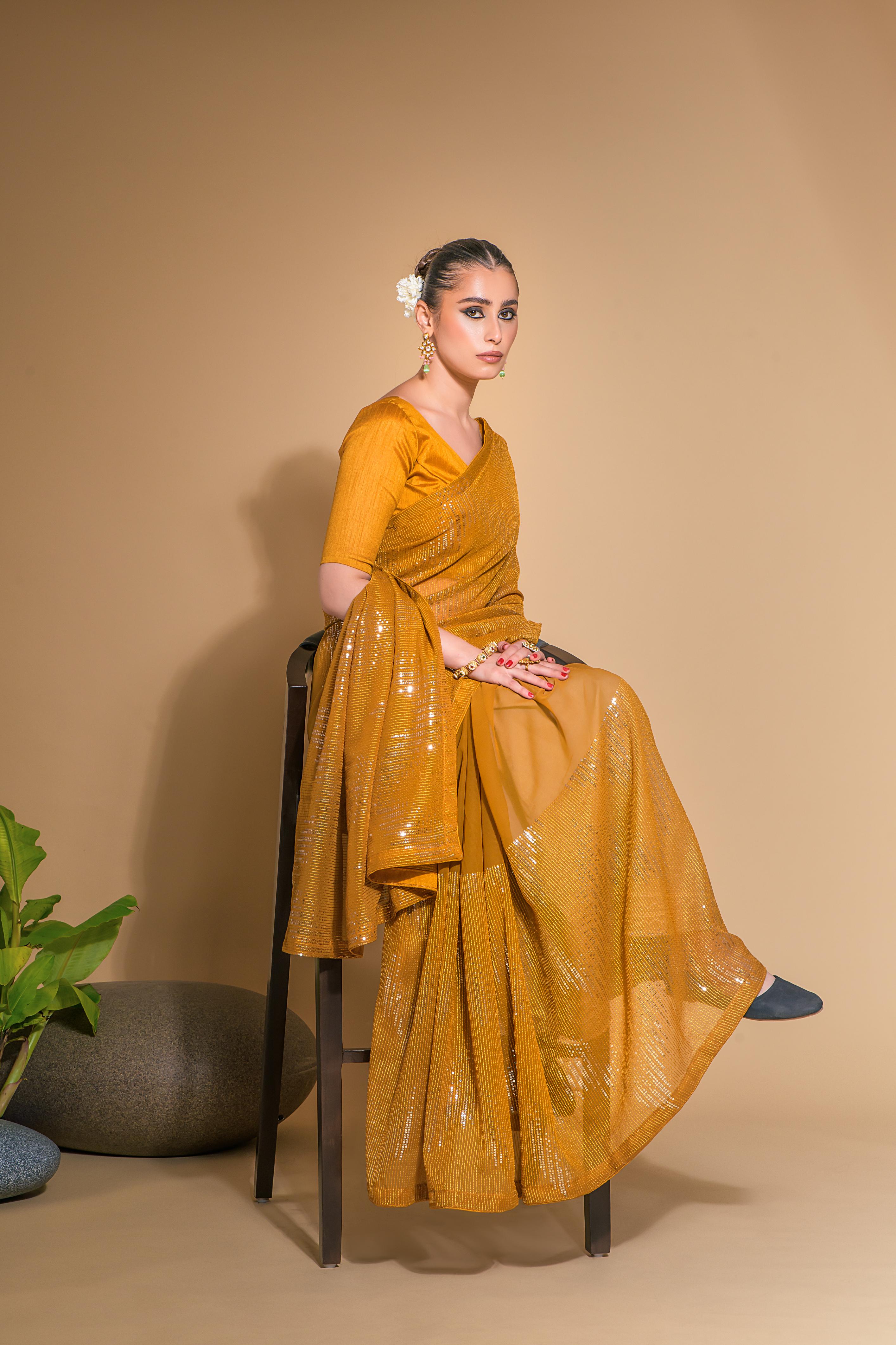 Jyoti Fashion Women's Mustard Georgette Sequins Embroidered Designer Saree with Blouse - Distacart