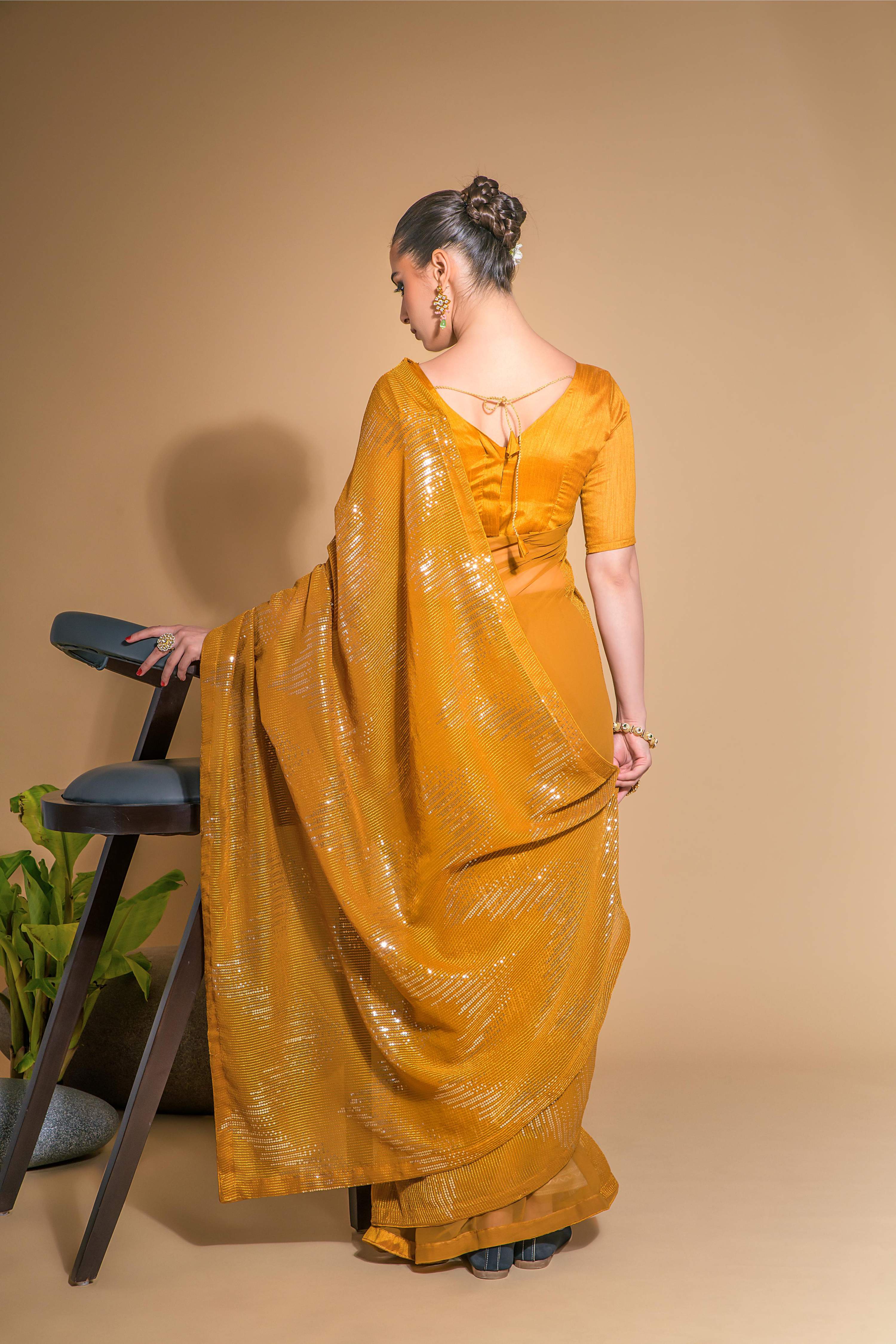 Jyoti Fashion Women's Mustard Georgette Sequins Embroidered Designer Saree with Blouse - Distacart
