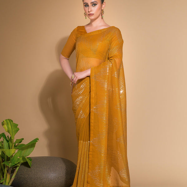 Jyoti Fashion Women's Mustard Georgette Sequins Embroidered Designer Saree with Blouse - Distacart