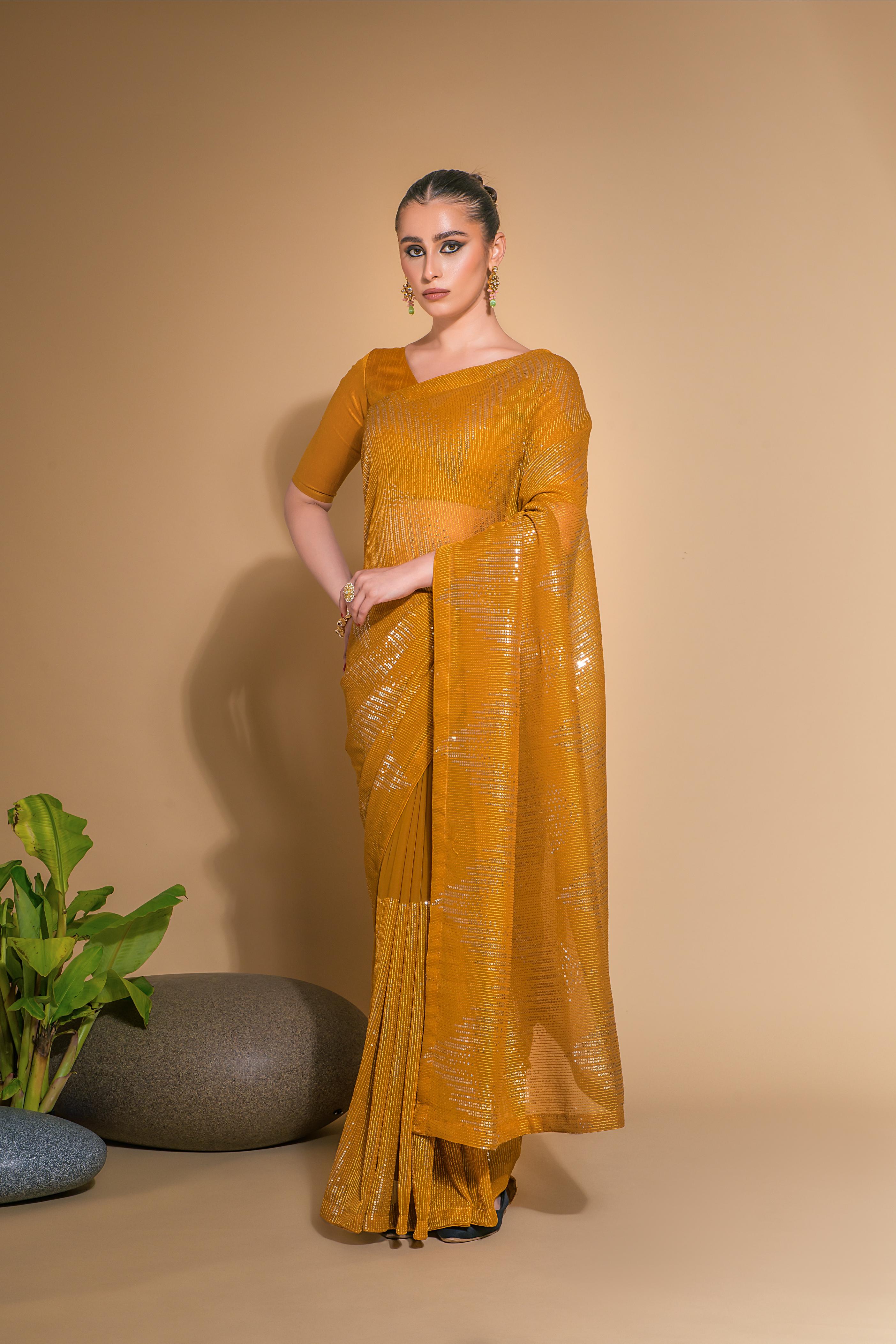 Jyoti Fashion Women's Mustard Georgette Sequins Embroidered Designer Saree with Blouse - Distacart
