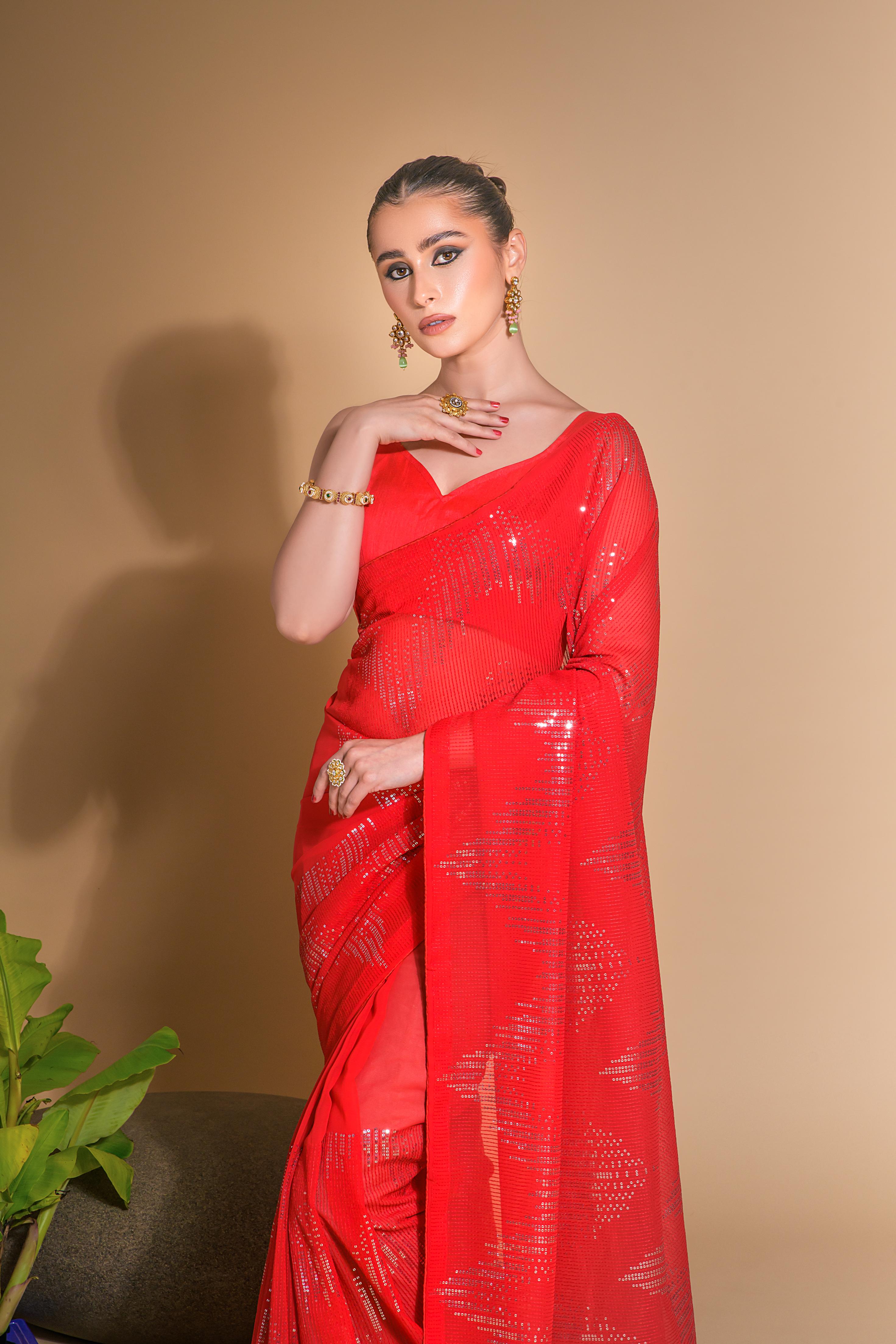 Jyoti Fashion Women's Red Georgette Sequins Embroidered Designer Saree with Blouse - Distacart