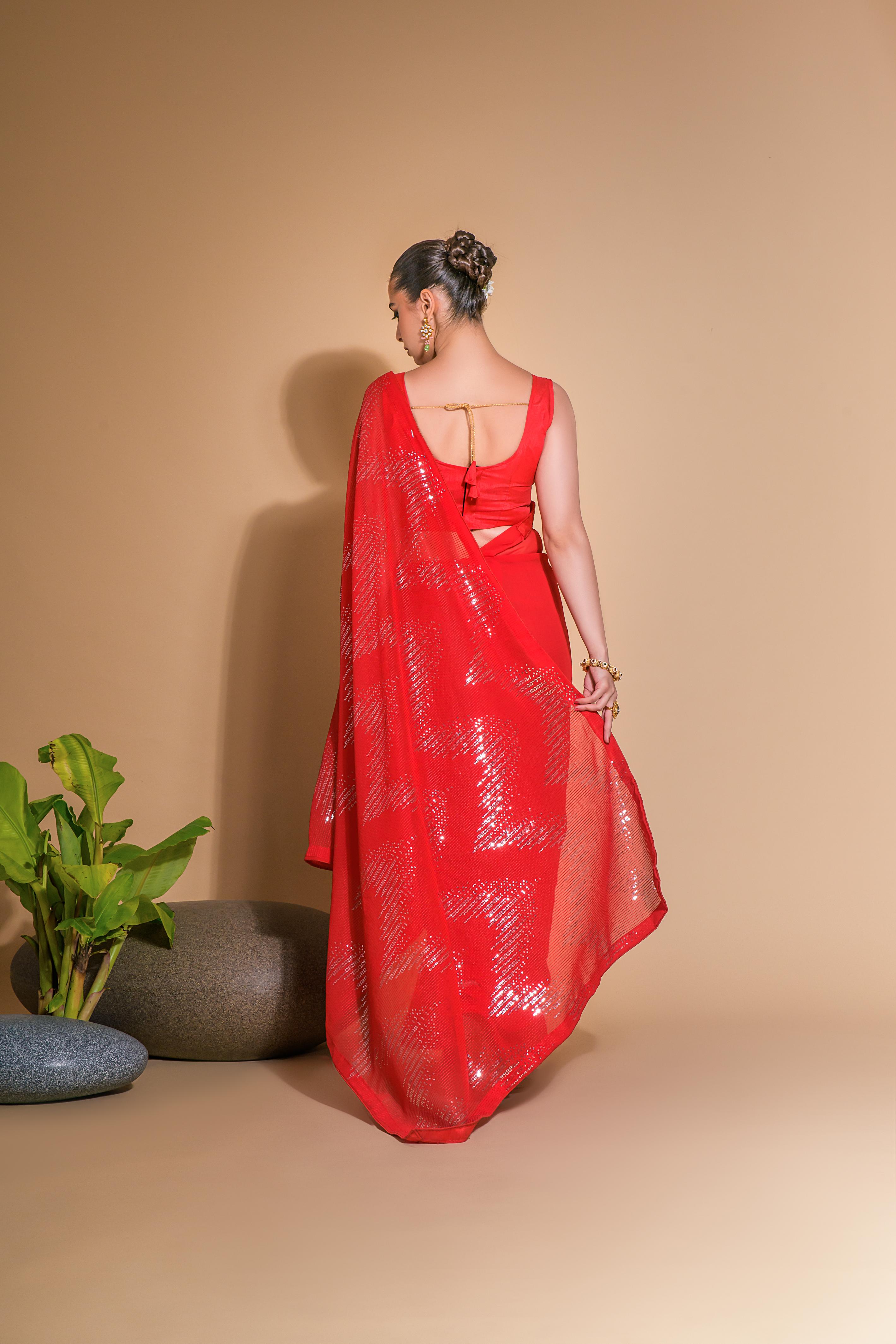 Jyoti Fashion Women's Red Georgette Sequins Embroidered Designer Saree with Blouse - Distacart